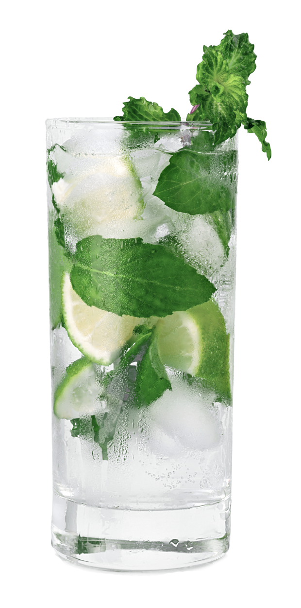 Glass filled with lemonade, ice, lime wedges, and fresh mint leaves.