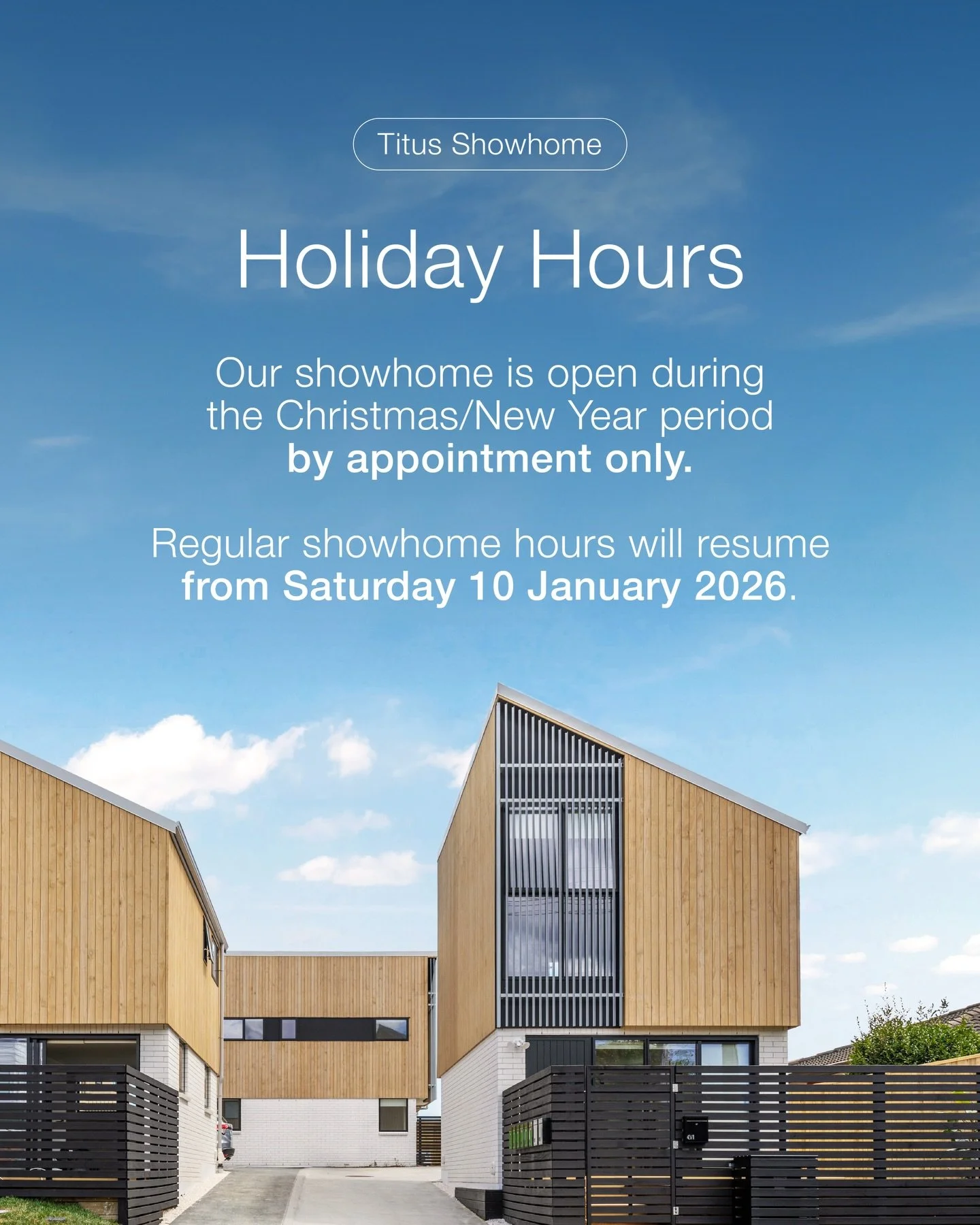Our showhome will be open by appointment only over the Christmas and New Year period. For private viewings during this time, please contact our sales team:

Alden: 021 025 75753
Sam: 021 208 1244

Normal showhome hours resume from Saturday 10 January