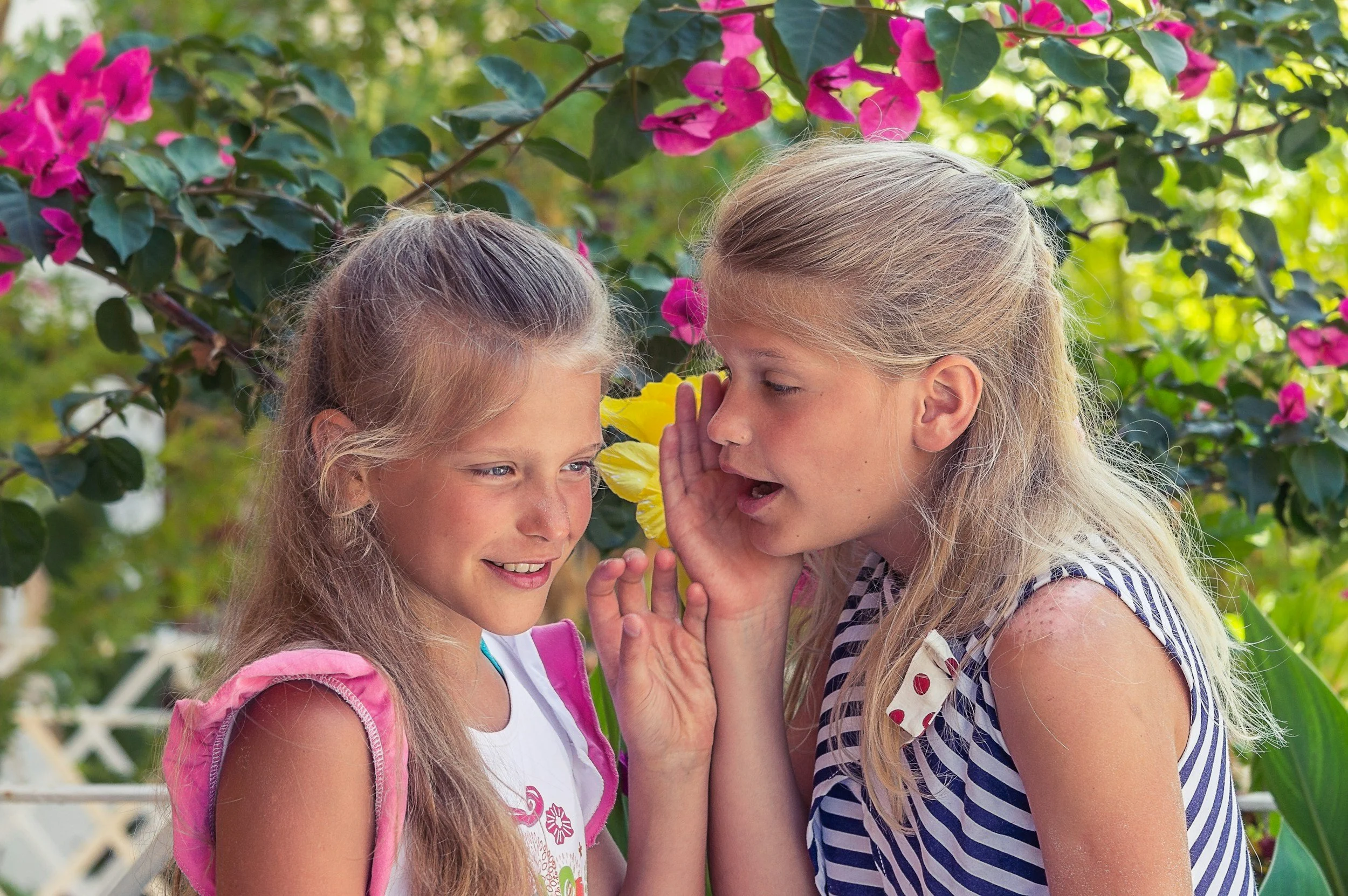 Two young girls talking together outdoors, representing childhood friendships, peer relationships, and social skills.