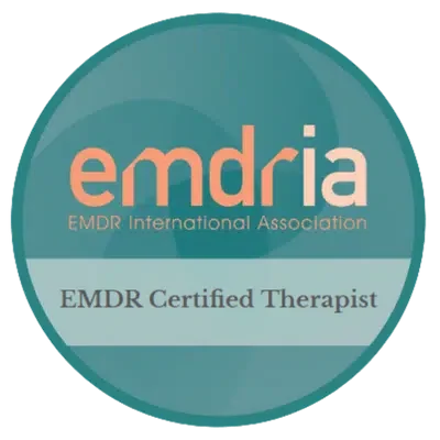 A green badge that says emdria, EMDR certified tehrapist