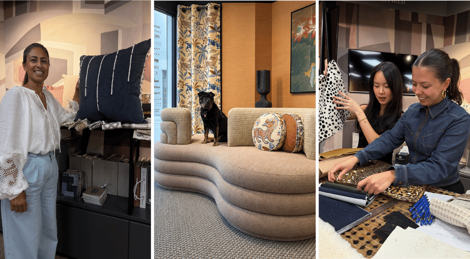 Artfield showroom at FOCUS/26 with bespoke cushions, curved seating and a fabric workshop using remnants and trims.