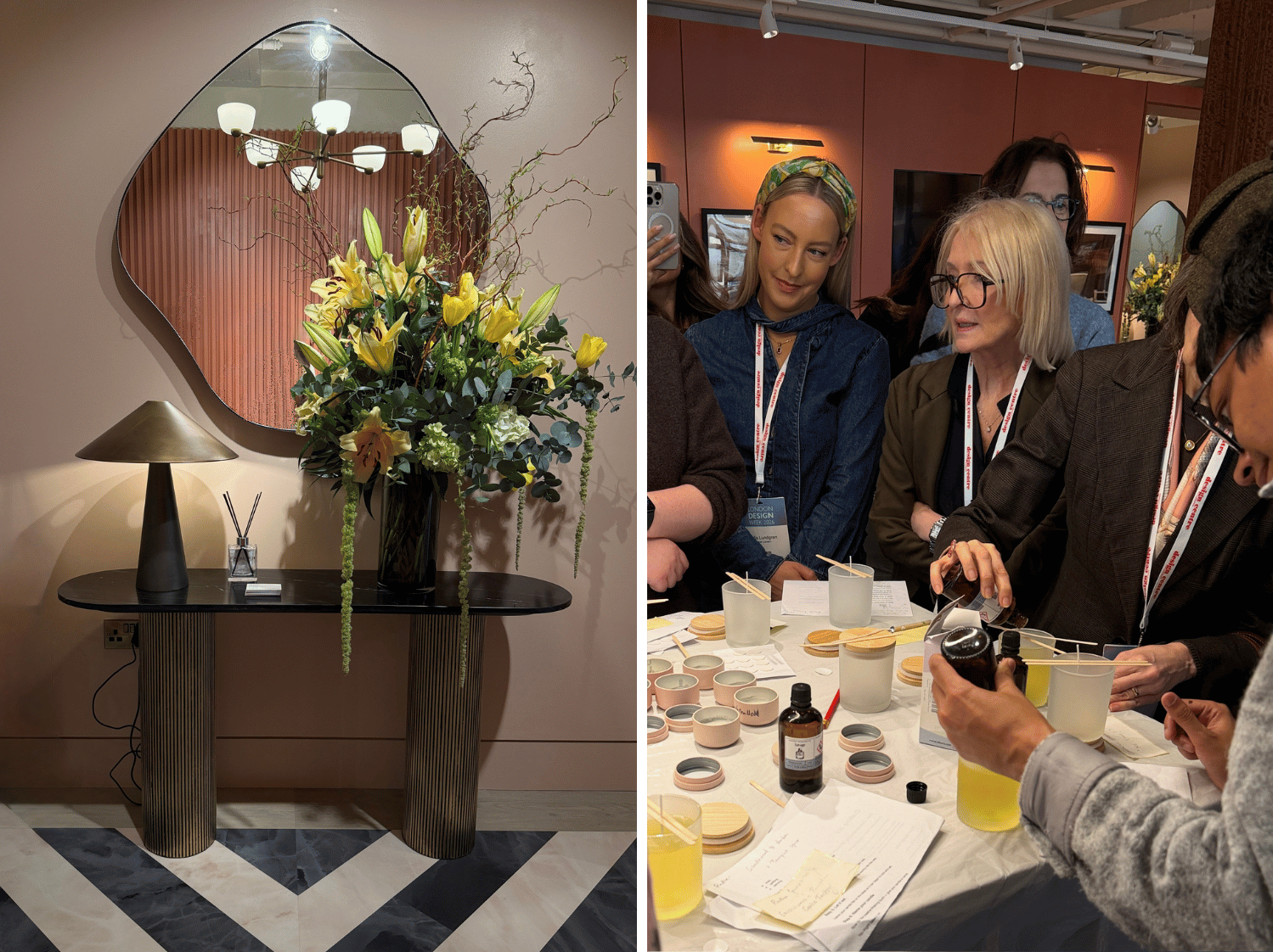 A mirror above a console table with a large display of flowers and a lamp on chevron black and cream marble-like flooring. On the right is a candle making workshop