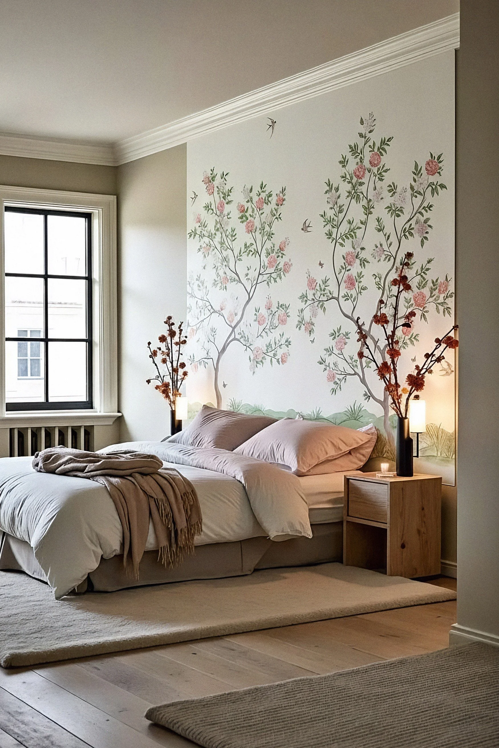 A bedroom with a blossom tree mural behind the bed