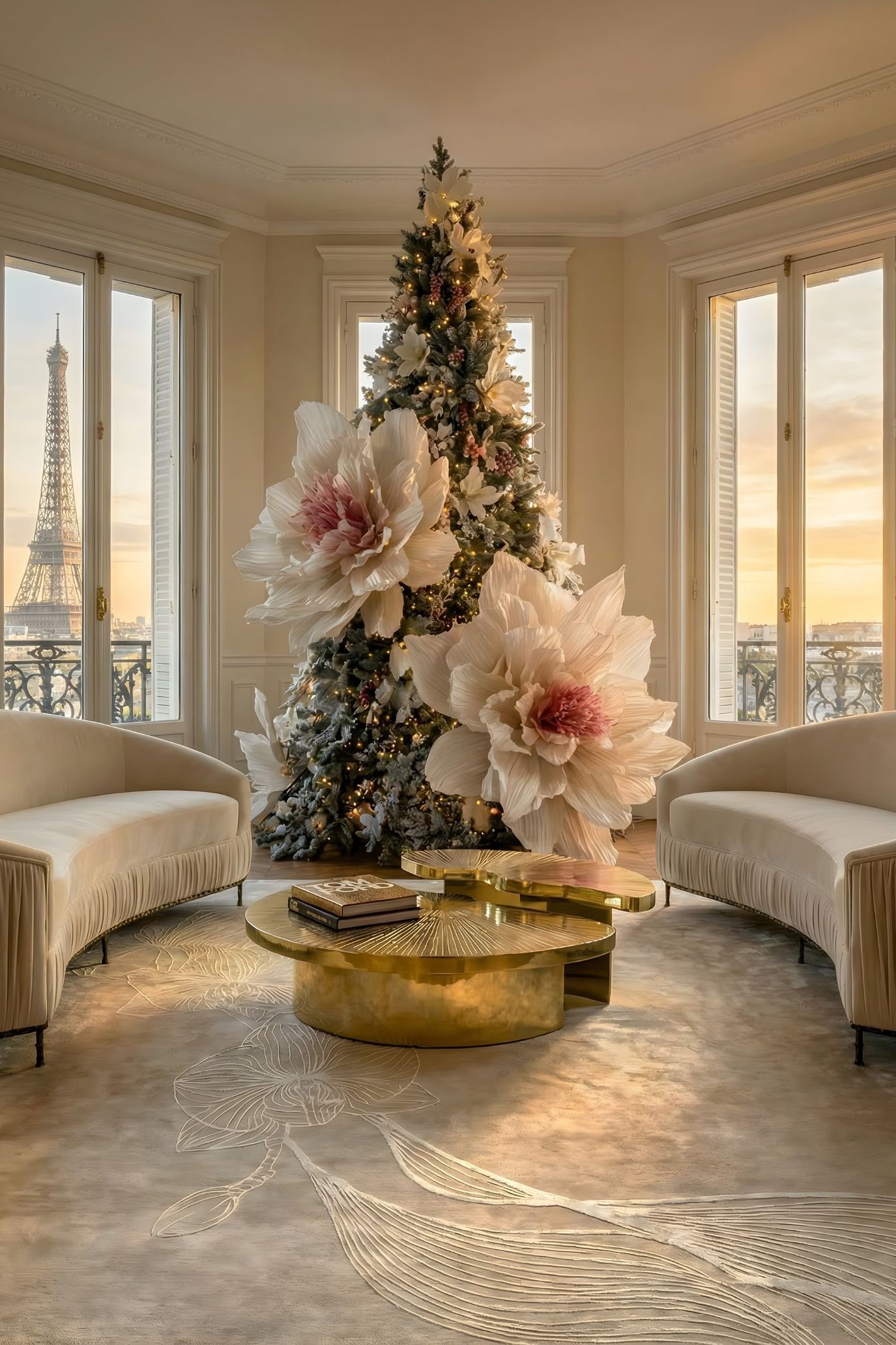 Tall Christmas tree decorated with oversized cream flowers with pink centres, standing between curved sofas beside large windows.