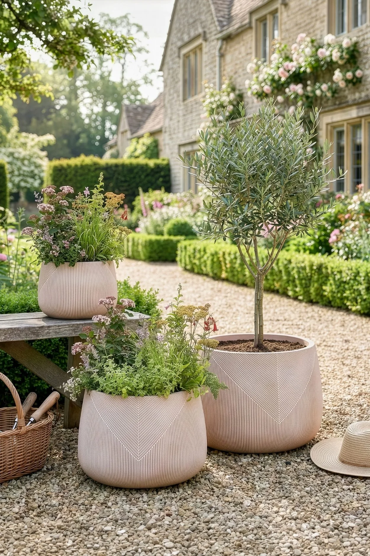 Three pale ribbed outdoor planters by Dibor with an olive tree and flowering plants