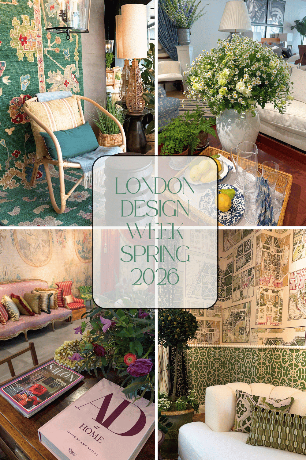 Four images showing rugs, wallpaper and fabrics and saying London Design Week Spring 2026