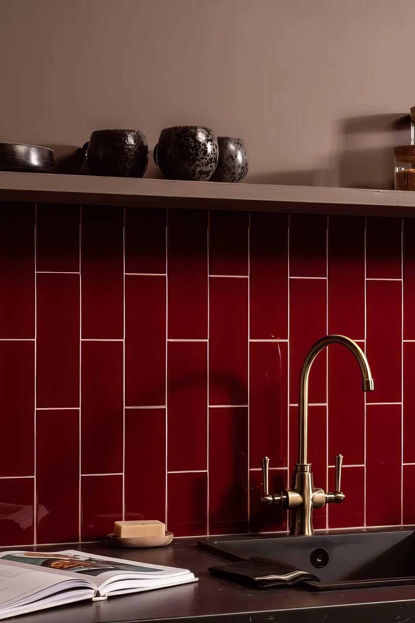 Burgundy glazed brick tiles by Hyperion Tiles adding rich deep red colour and texture to an interior.