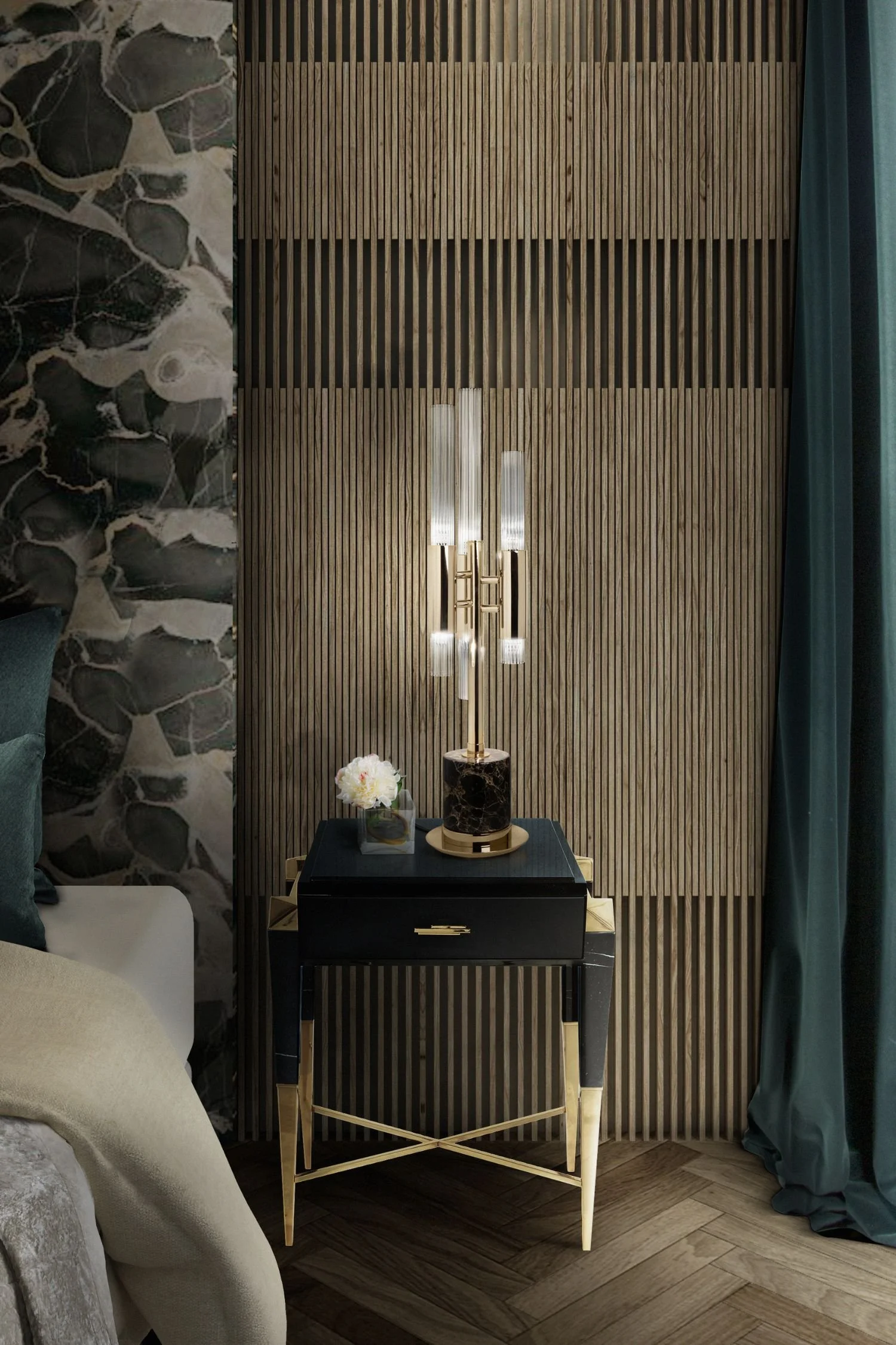 Black and brass luxury nightstand with ambient lamp styling in a sophisticated modern bedroom