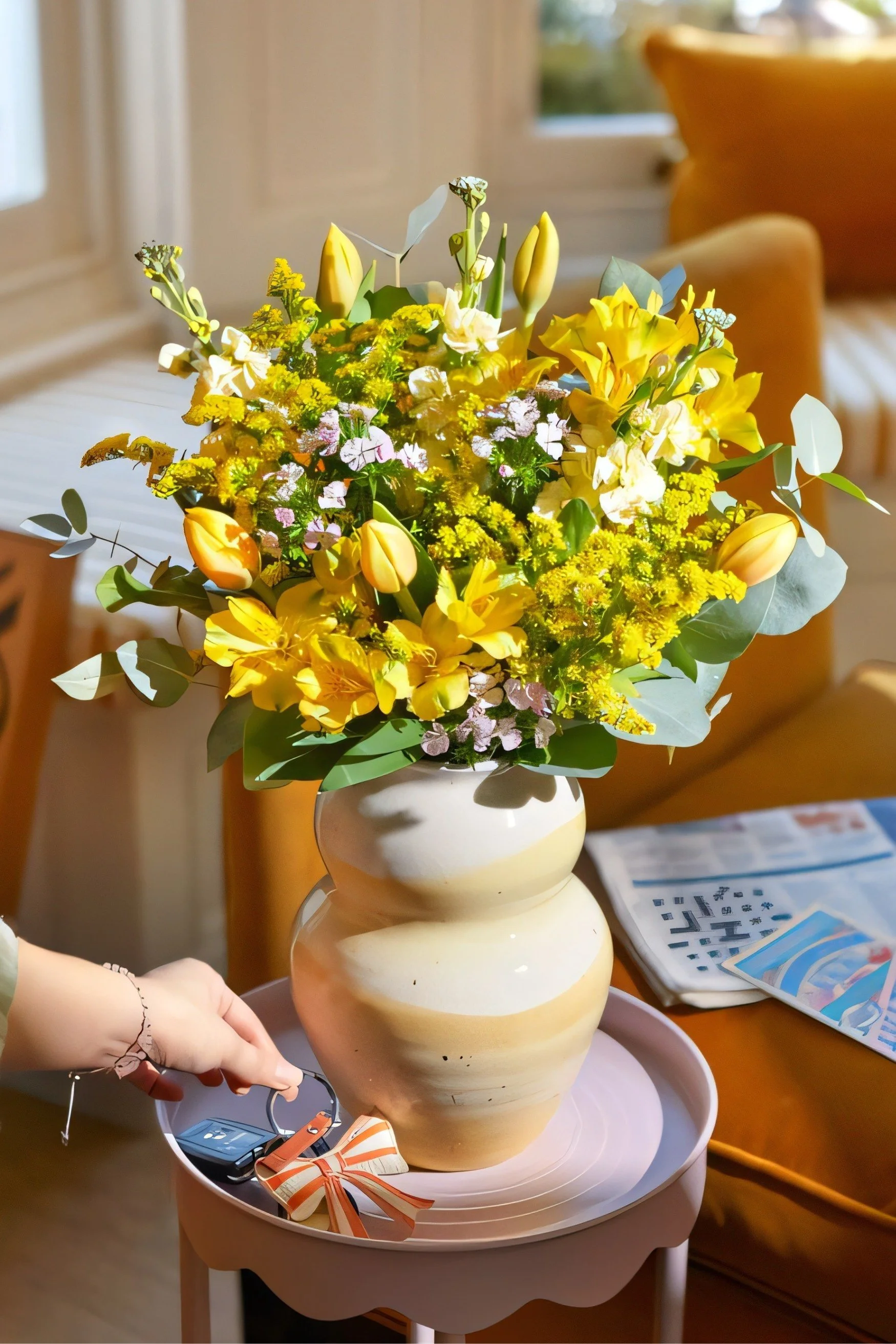 A flower bouquet in a vase with many yellow flowers including tulips.