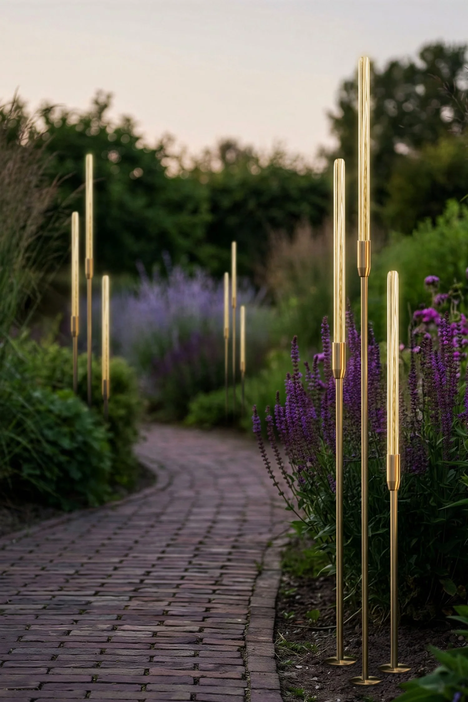 Outdoor lighting ideas with elegant brass spike lights illuminating a winding garden path through colourful planting.