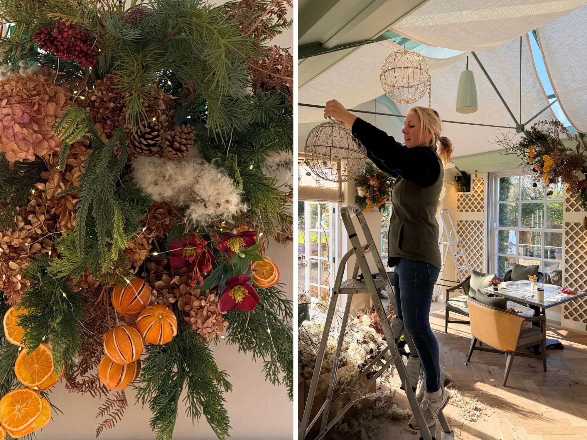 Festive styling close up a display with Festive styling close up a display with dried oranges, bracken, hydrangea heads, berries and fir . On the right the florist is putting up a ball shaped christmas light