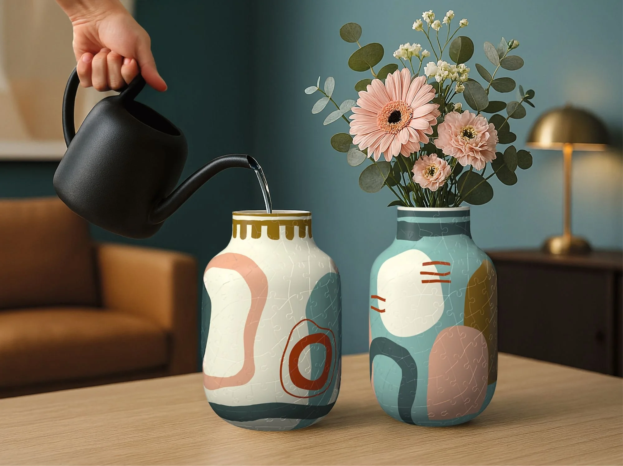 Colourful Ravensburger 3D puzzle vases displayed with and without flowers.