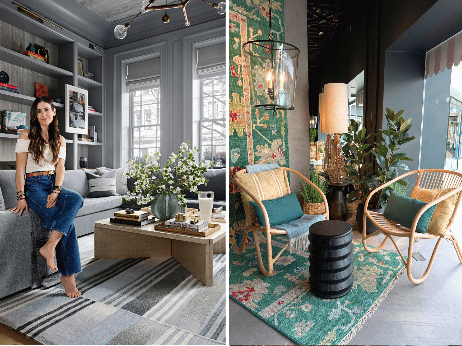 Pictured left Ashley Stark of Stark carpets in a living room with a grey striped carpet on the right is a green rug in the showroom window with two rattan chairs