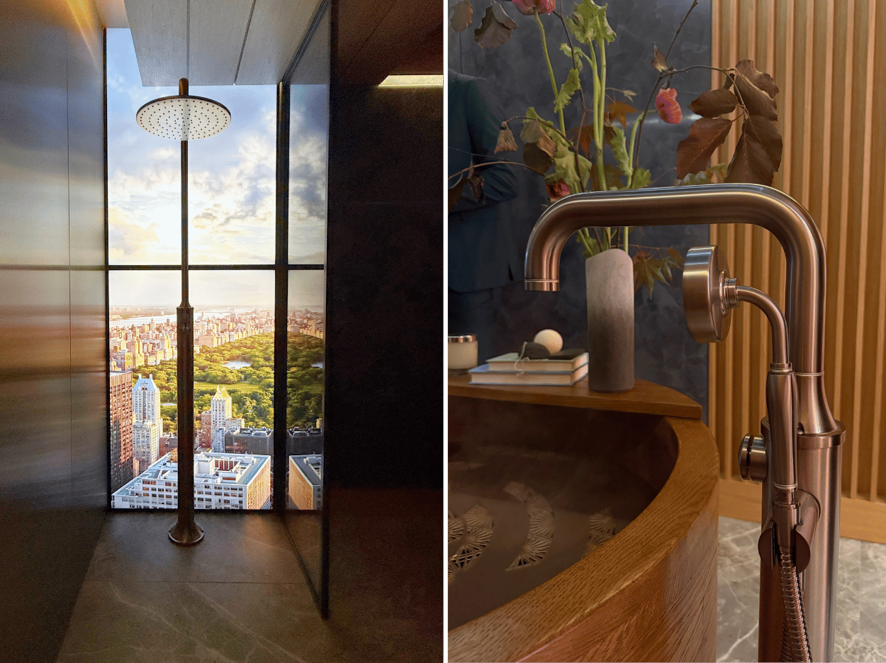 Japandi-inspired bathroom by Rigby & Rigby featuring a Japanese soaking tub, natural materials and immersive technology.