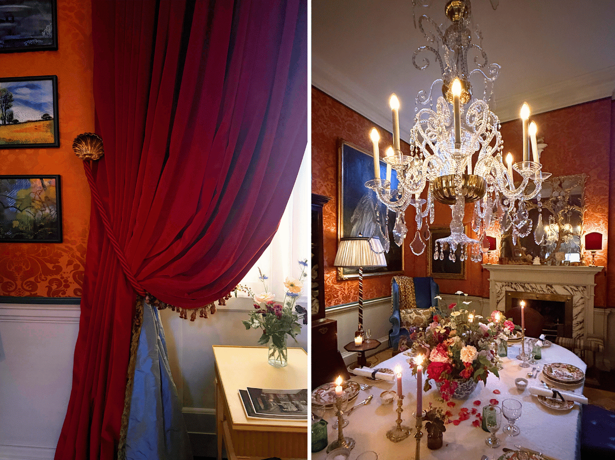 Dining room by Max Rollitt featuring a dramatic chandelier, terracotta damask walls, fine antiques and a beautifully dressed table.