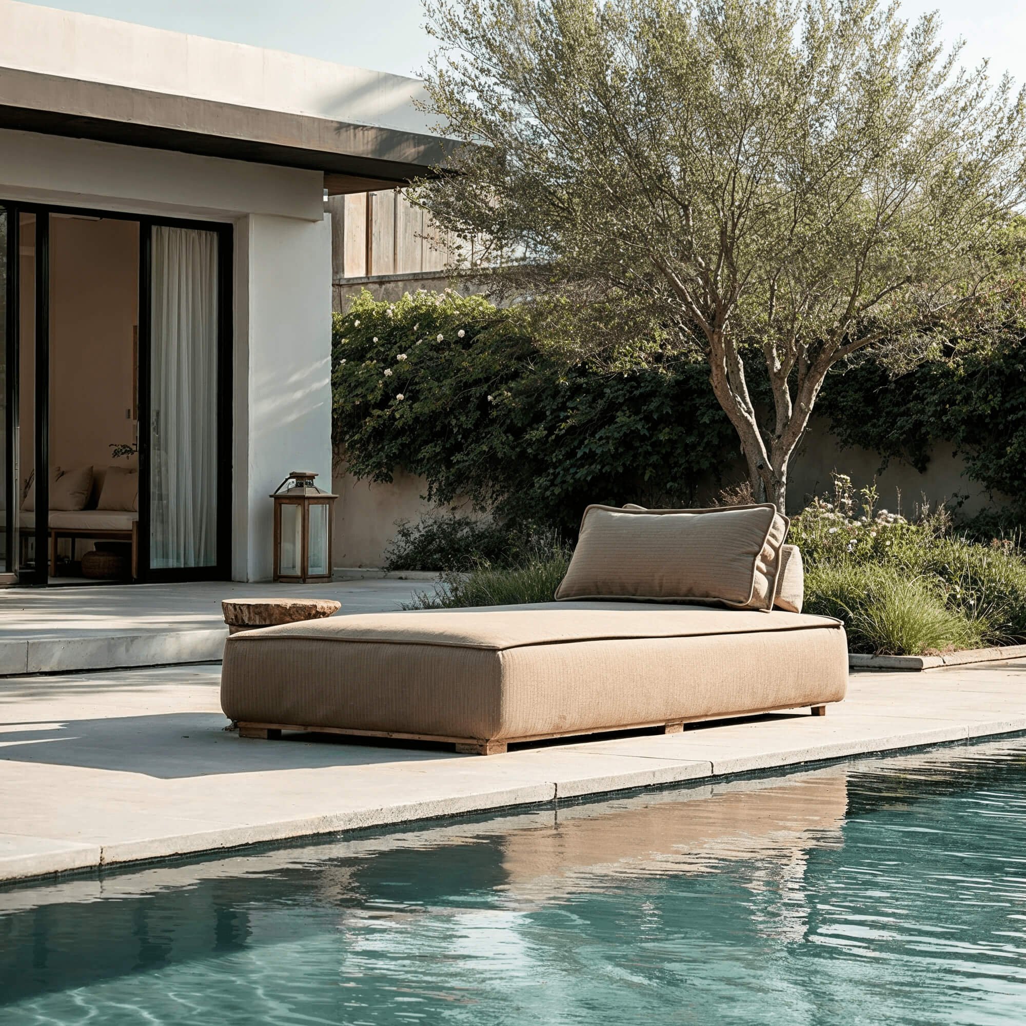 A daybed in taupe with a generous base and cushions next to a pool with trees behind
