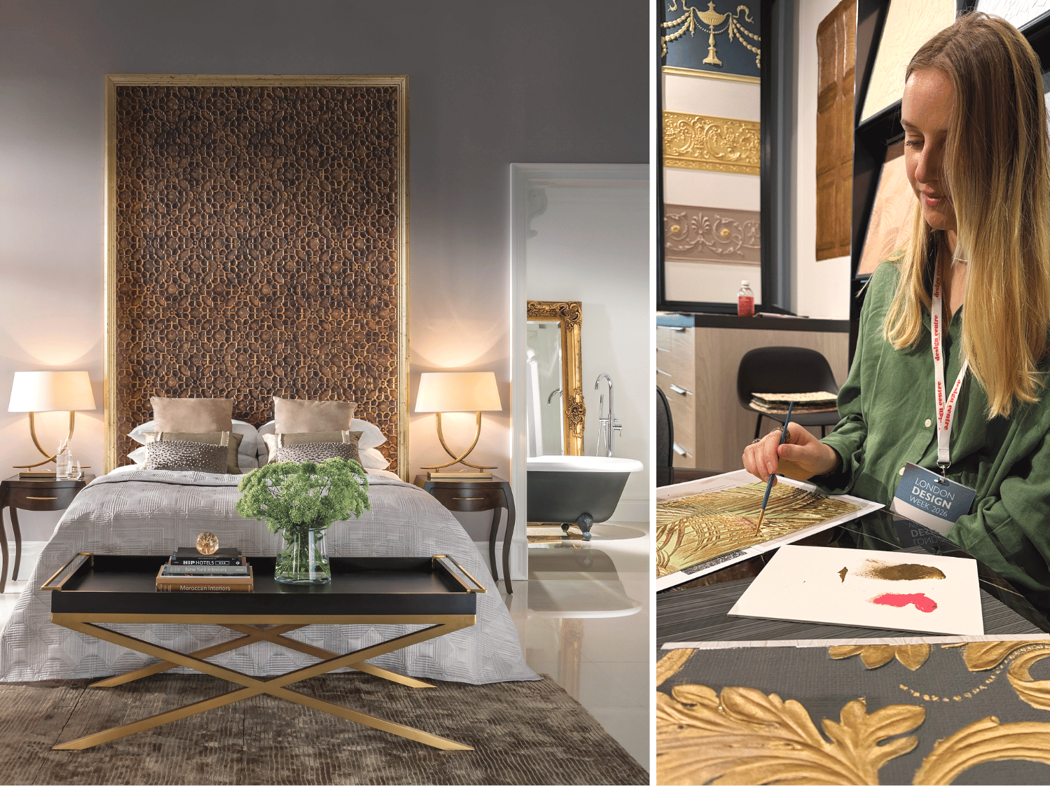 on the left is a bed with a very large headboard with a bed with grey line and two beside tables with lamps on the right a girl painting