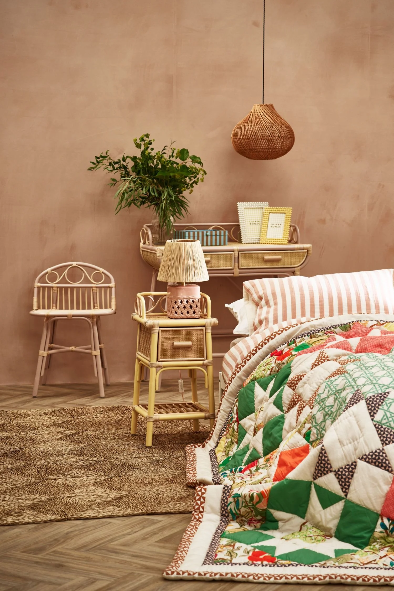 Retro style rattan nightsand in a boho style bedroom