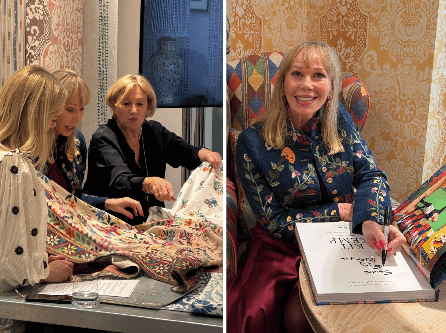 interior designer Kit Kemp with two other people looking at fabric and signing a book