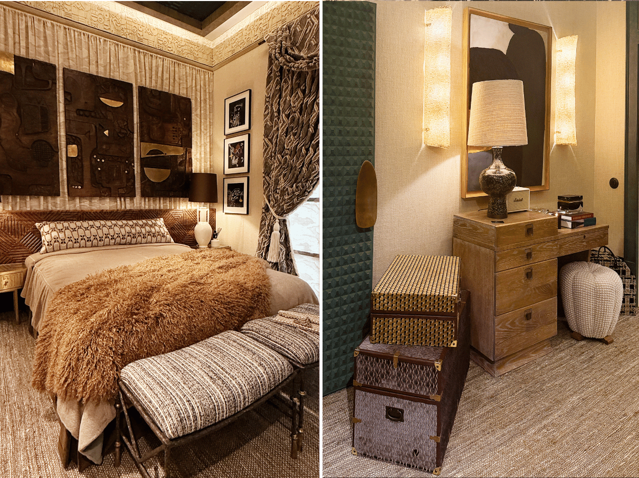 Textural bedroom suite by Henri Fitzwilliam-Lay featuring layered fabrics, Art Deco influences and travel-inspired styling.