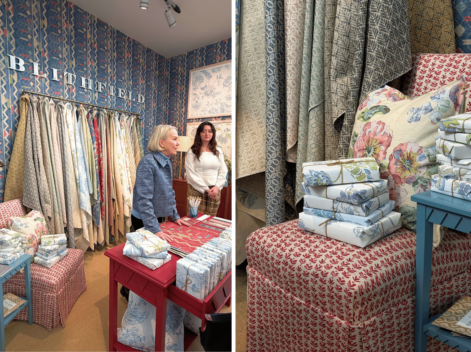 on the left is a showroom with fabric and wallpaper and two women giving a talk, on the right is a red printed chair with a pile of presents