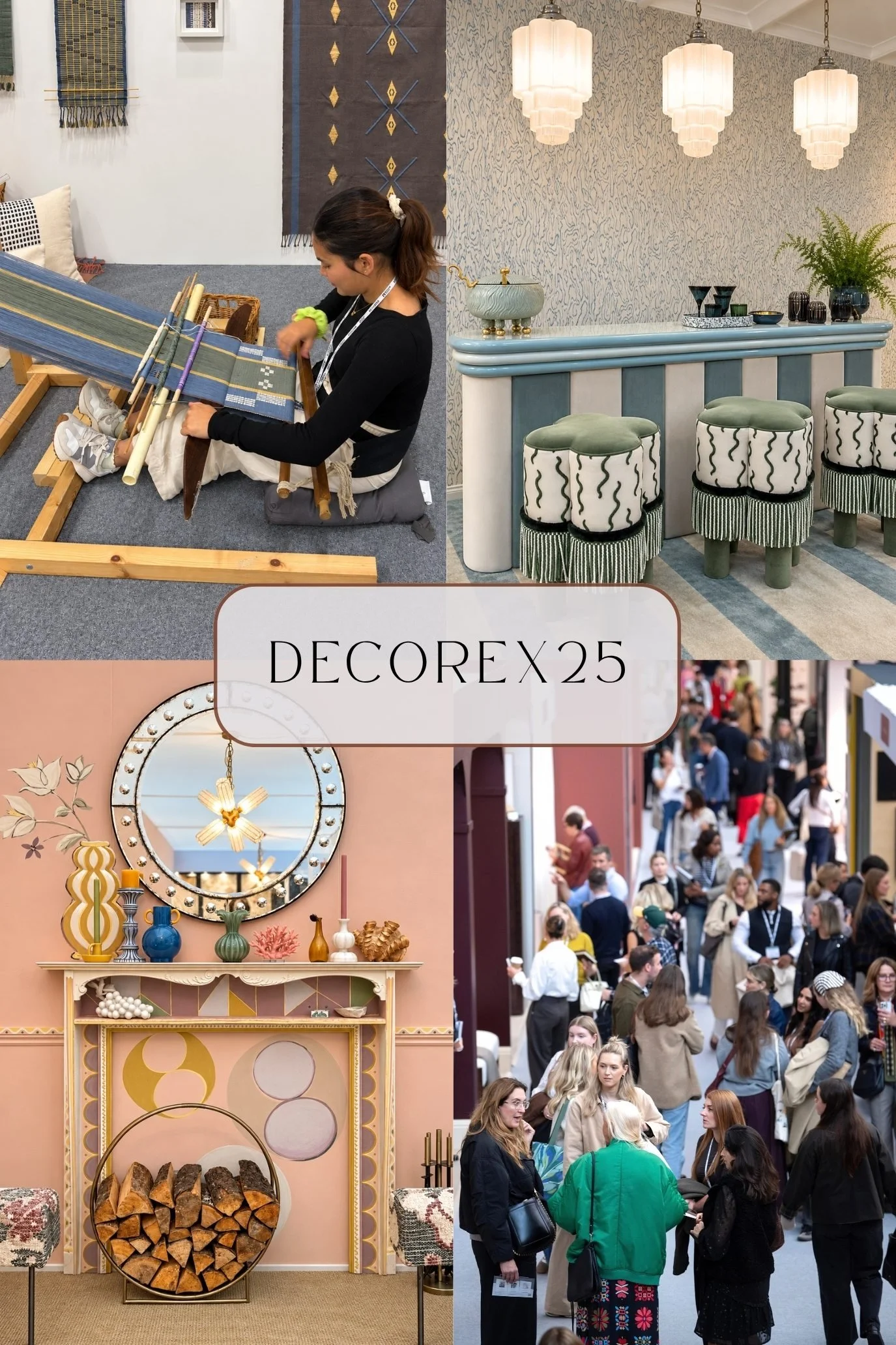 Four photographs from Decorex 2025 showing an artisan weaving at a loom, a blue-and-white bar with pendant lights, a colourful fireplace display and visitors on the show floor.