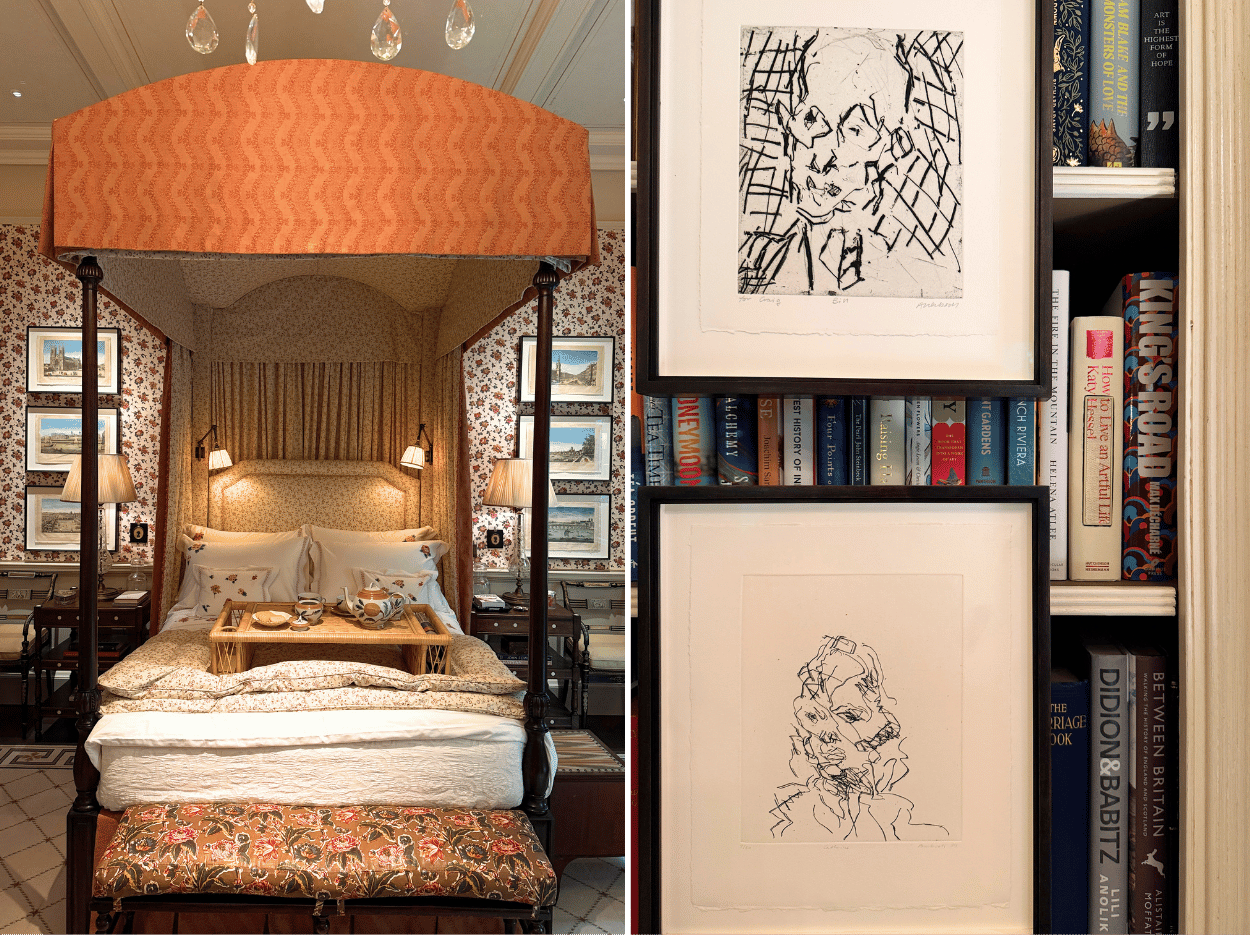 Four-poster bedroom by Salvesen Graham featuring botanical wallpaper, layered patterns, antiques and hidden technology.