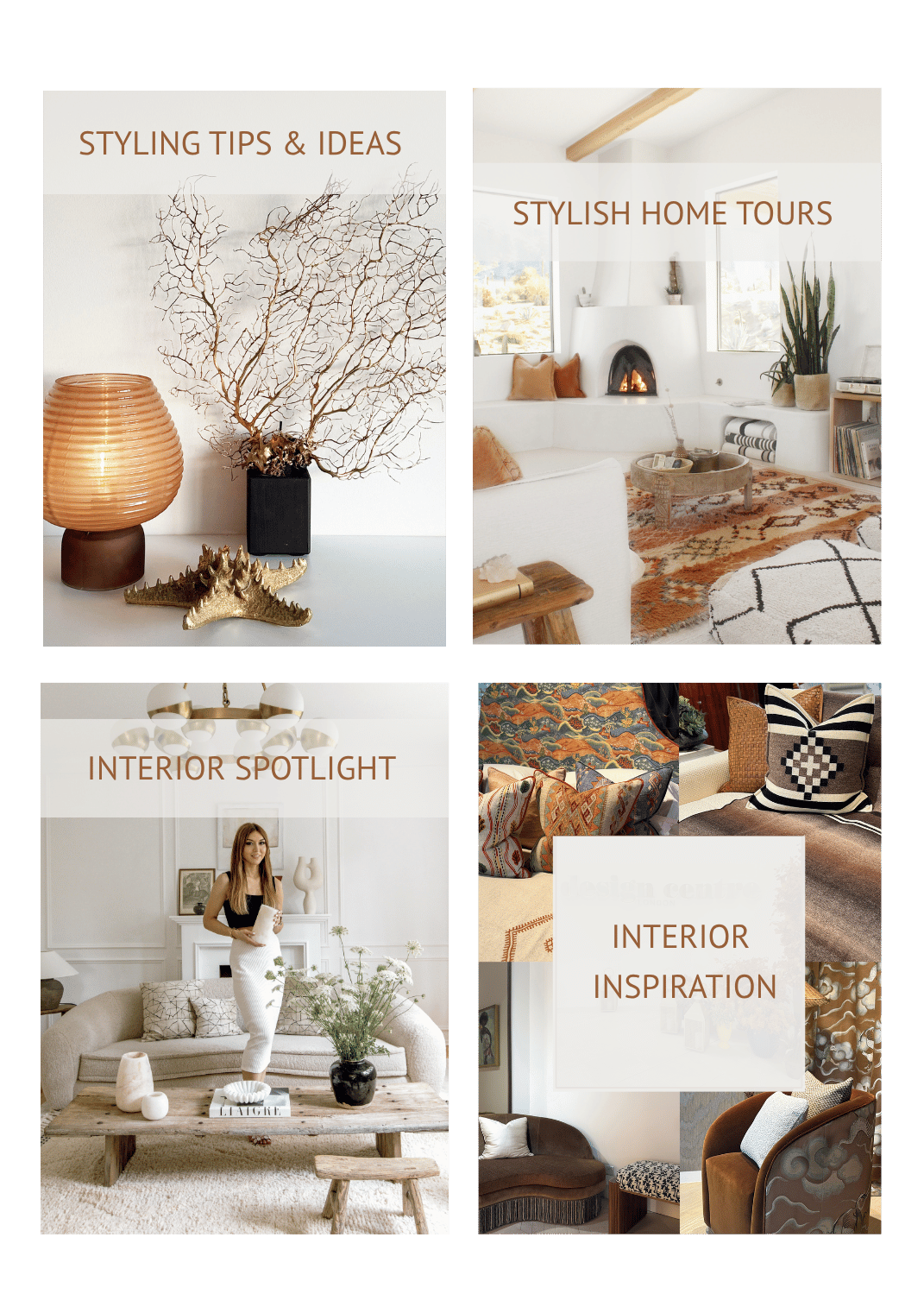 Four interior images in earthy tones showing what is on the interior style host blog