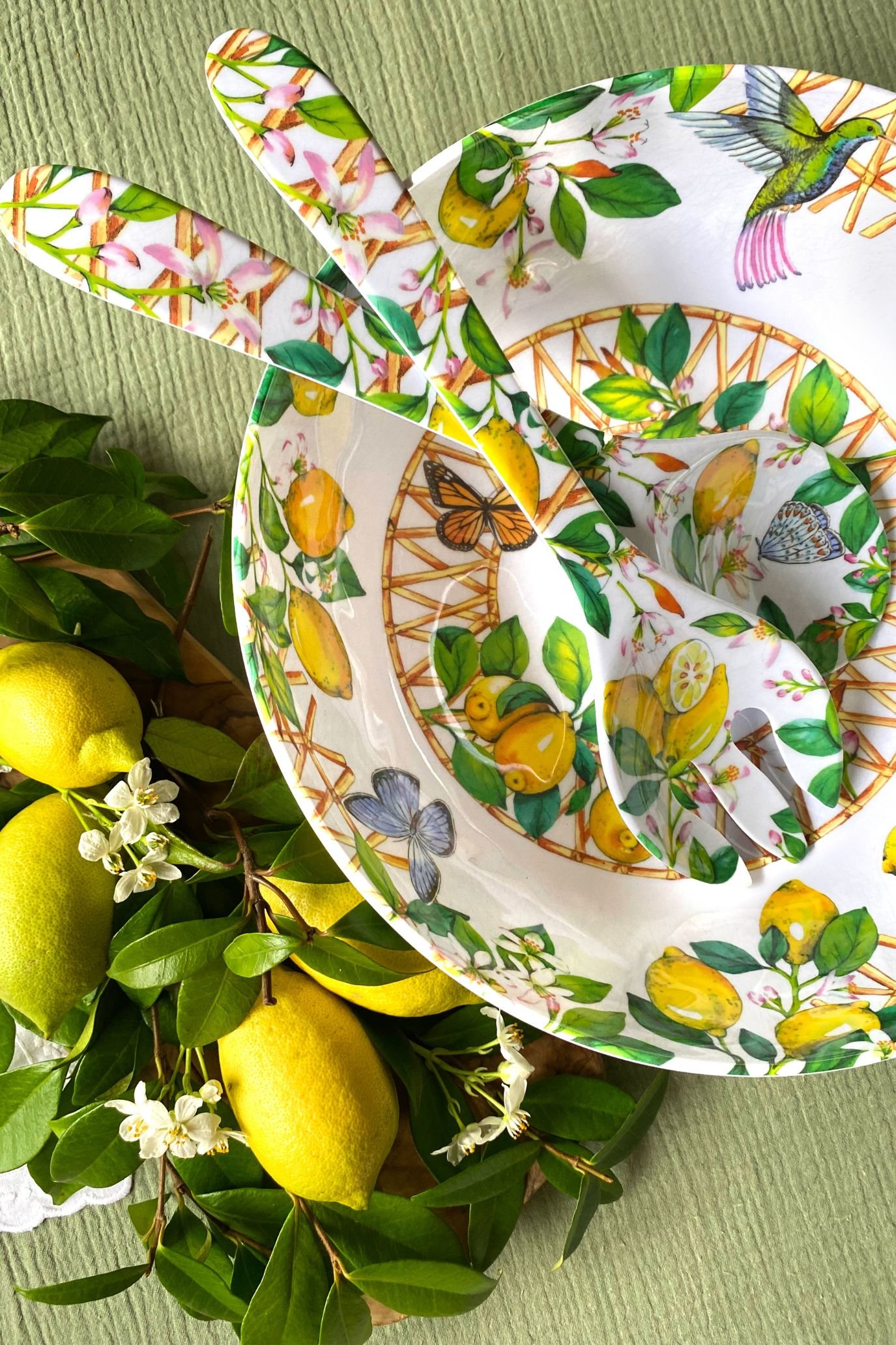 Colourful lemon-patterned melamine tableware inspired by the Italian island of Capri.