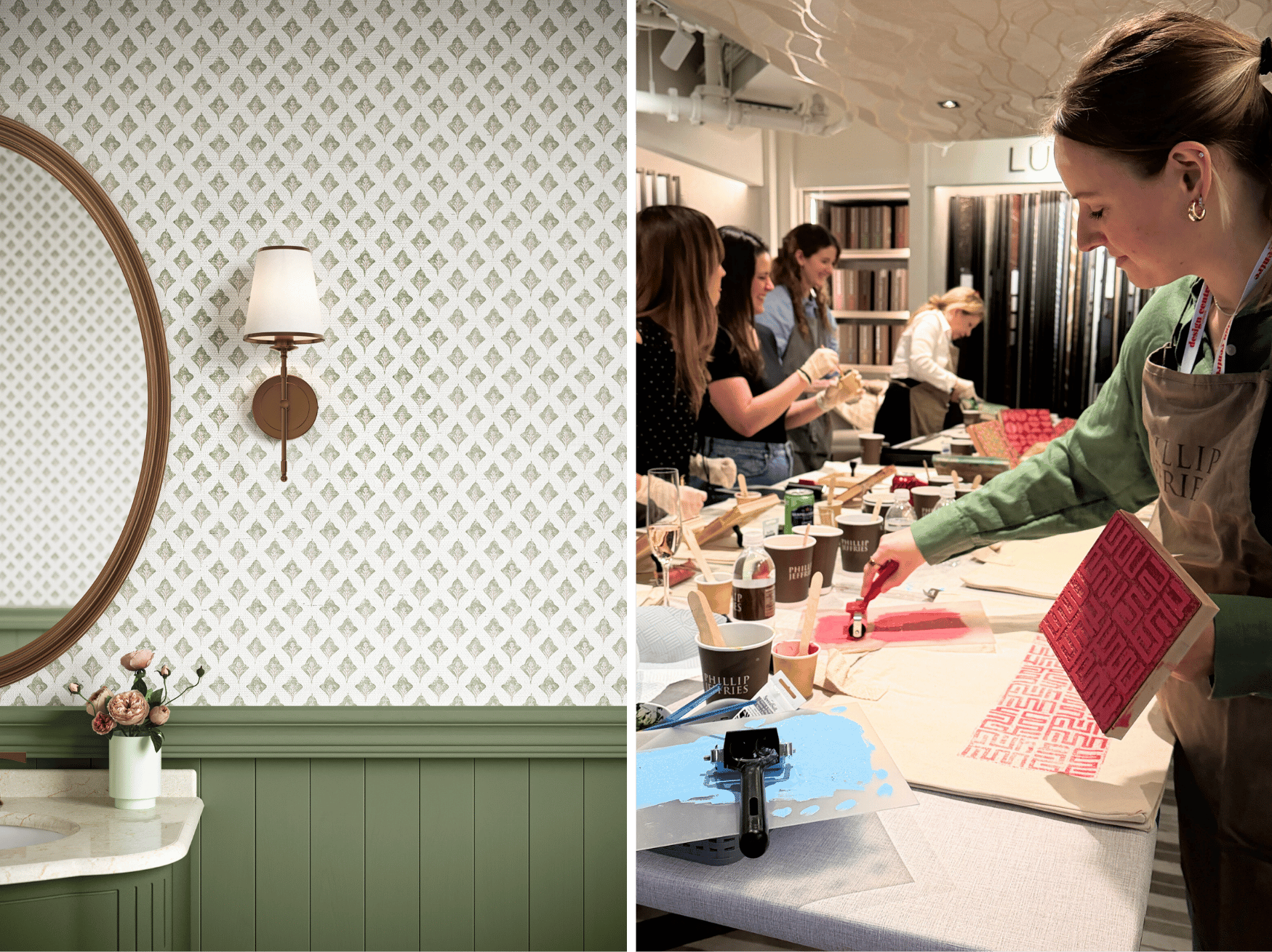 A bathroom with a sink and mirror with green panelling and a pattered wallpaper