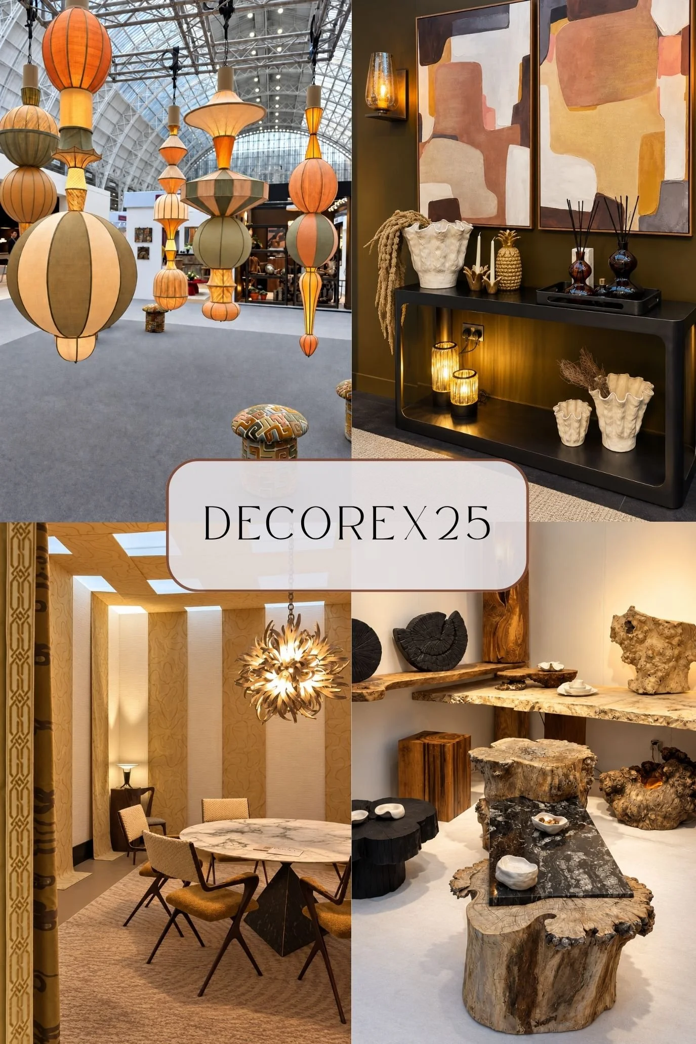 Four photographs from Decorex 2025 showing oversized hanging lampshades at the entrance, a styled console beneath abstract art, a VIP lounge meeting room and furniture crafted from salvaged wood.