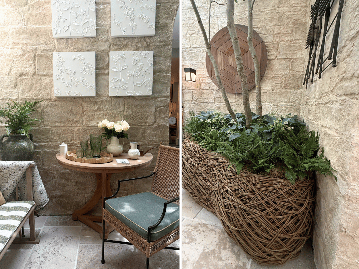 Courtyard garden by Richard Miers with London plane trees, willow planters, limestone paving and outdoor seating.