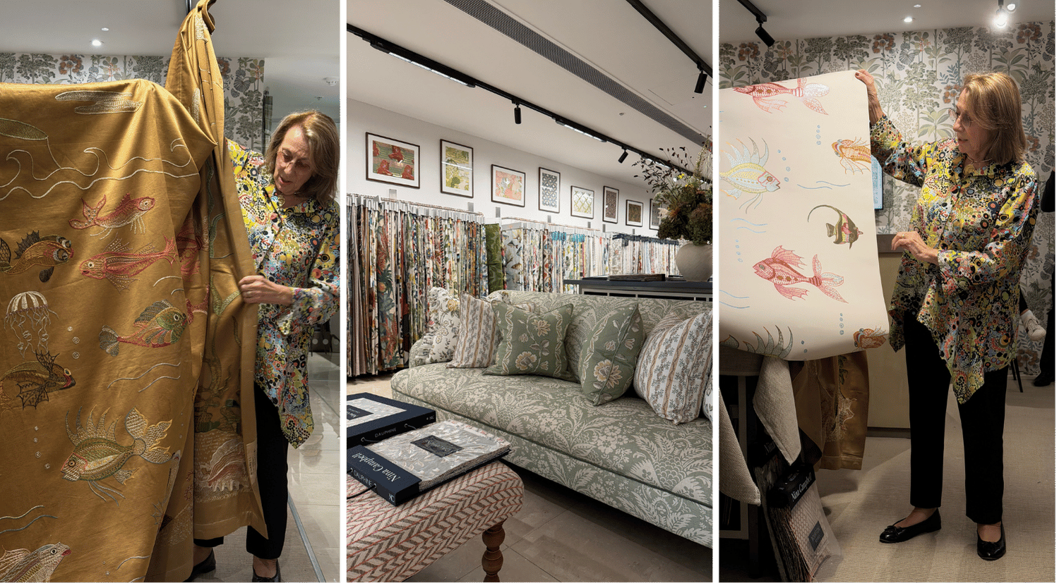 Nina Campbell at Osborne & Little presenting archive-inspired fabrics and fish motifs during FOCUS/26.