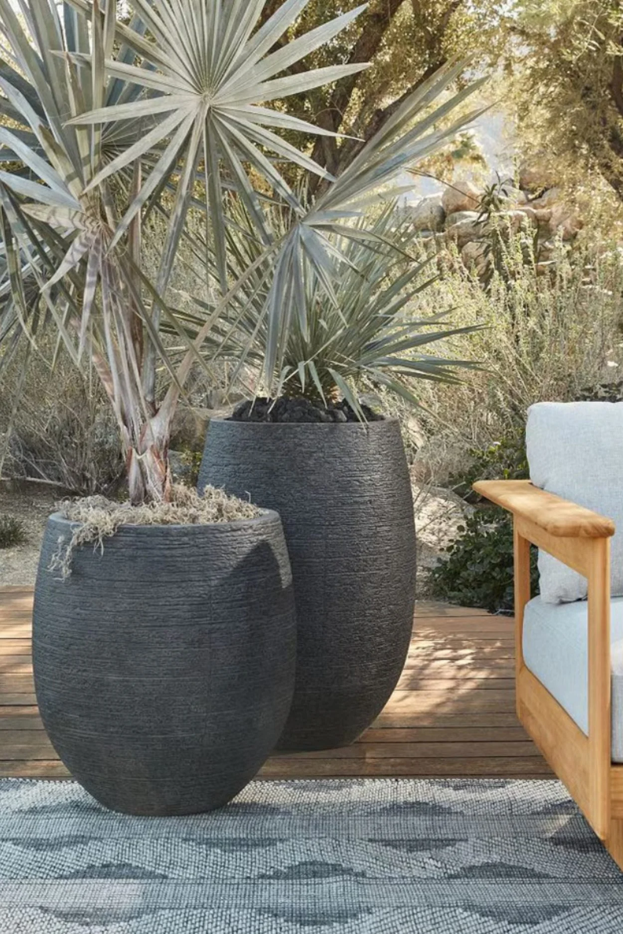 Dark grey textured Ficonstone outdoor pots by West Elm