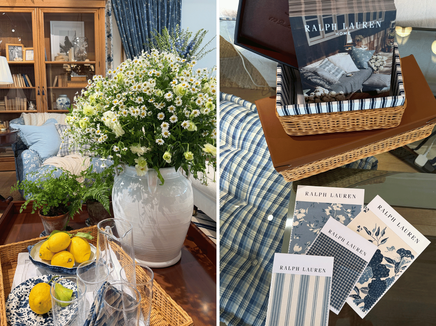 The Ralph Lauren showroom one picture with small white flowers in a living room setting