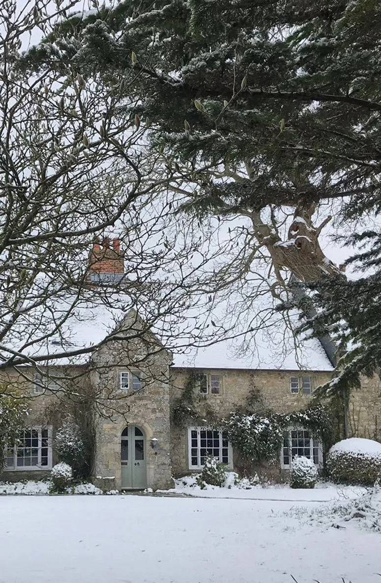 An old Manor House in the snow with a fir tree on the left and circular bushes covered in snow