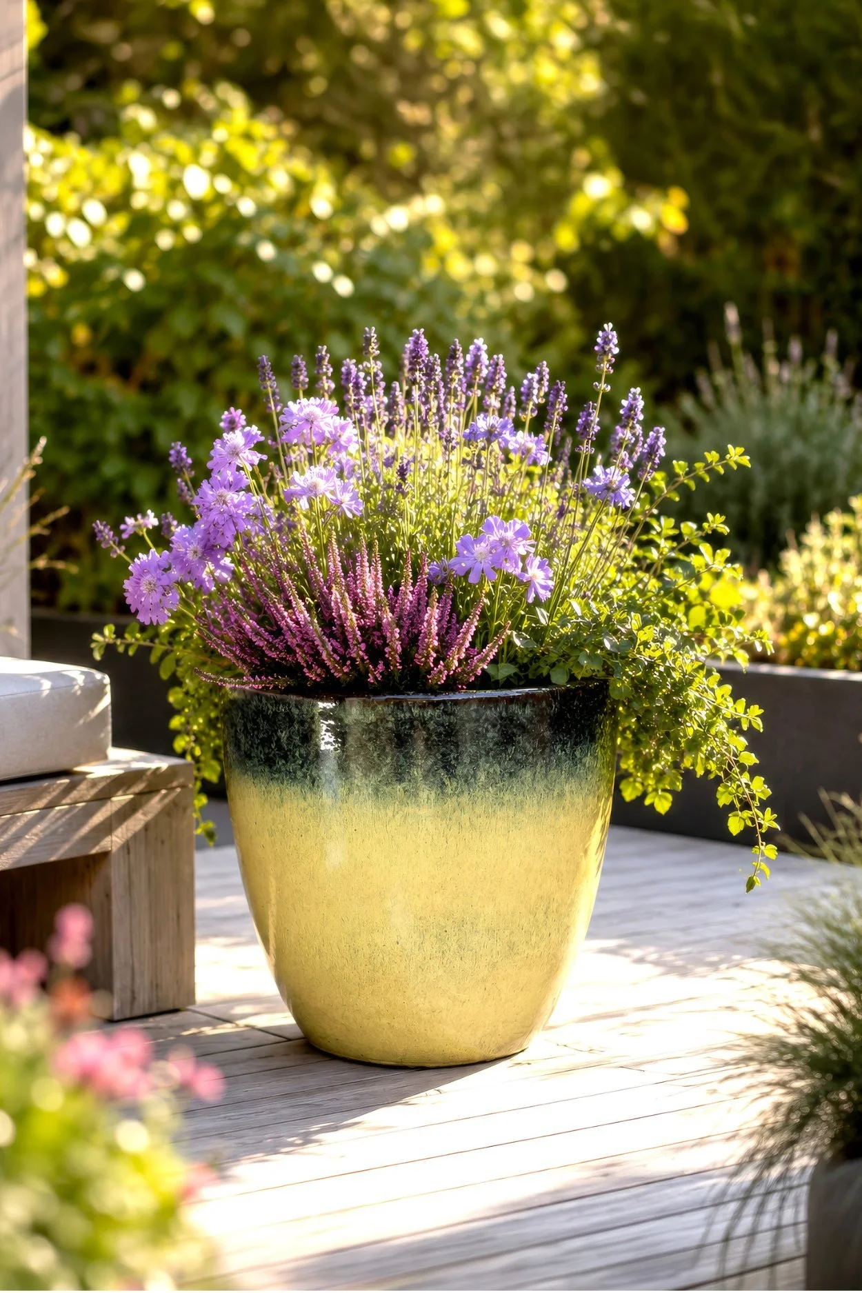 ellow glazed outdoor pot planted with purple heather, lavender and scabious