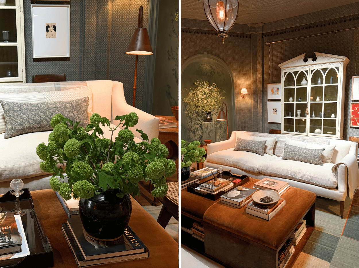 Drawing room by Albion Nord featuring hand-blocked wall coverings, linen sofas, artisan craftsmanship and layered textures.