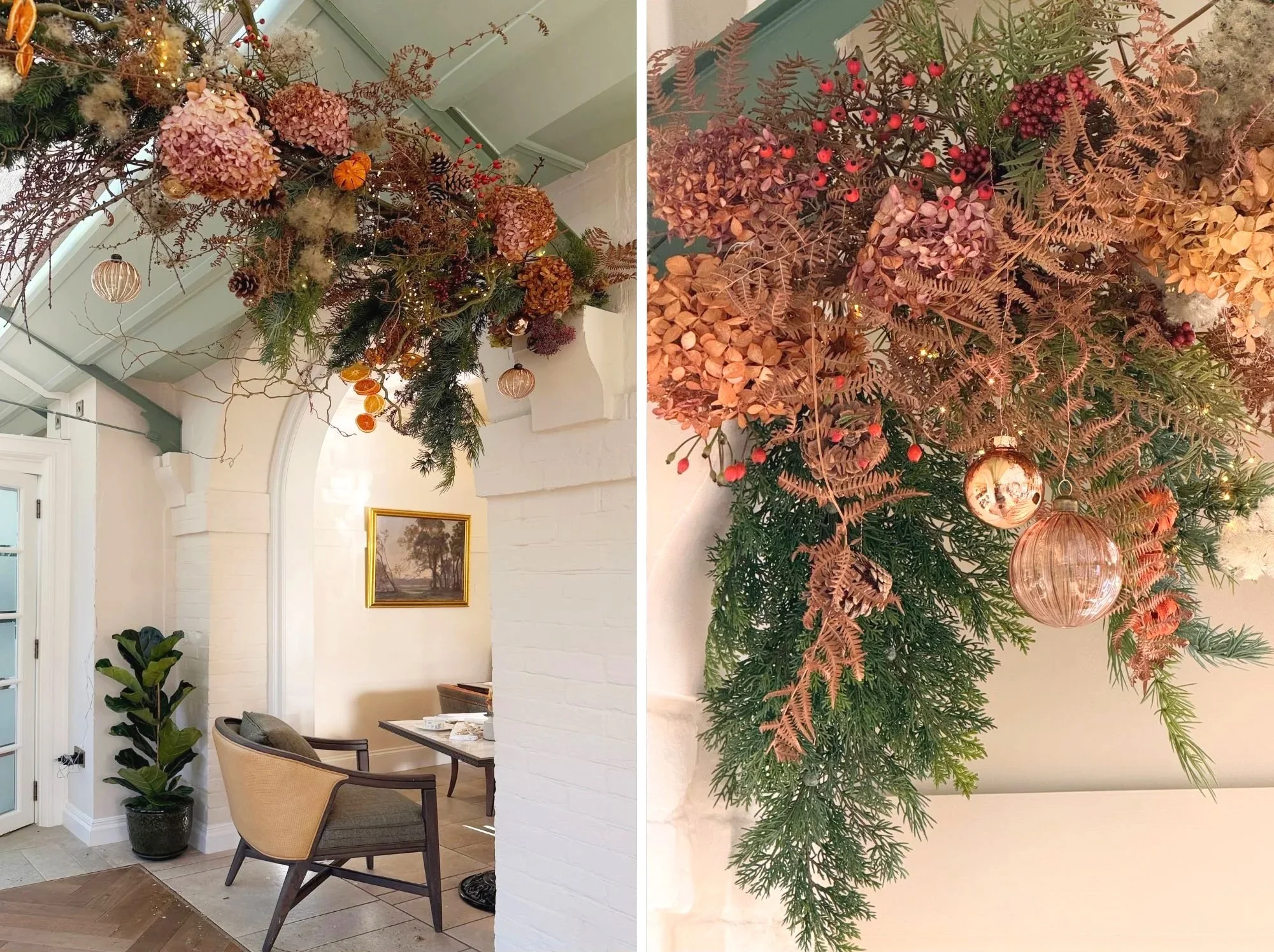 Festive styling close up a display with Festive styling close up a display with dried bracken, hydrangea heads, berries and fir on arch