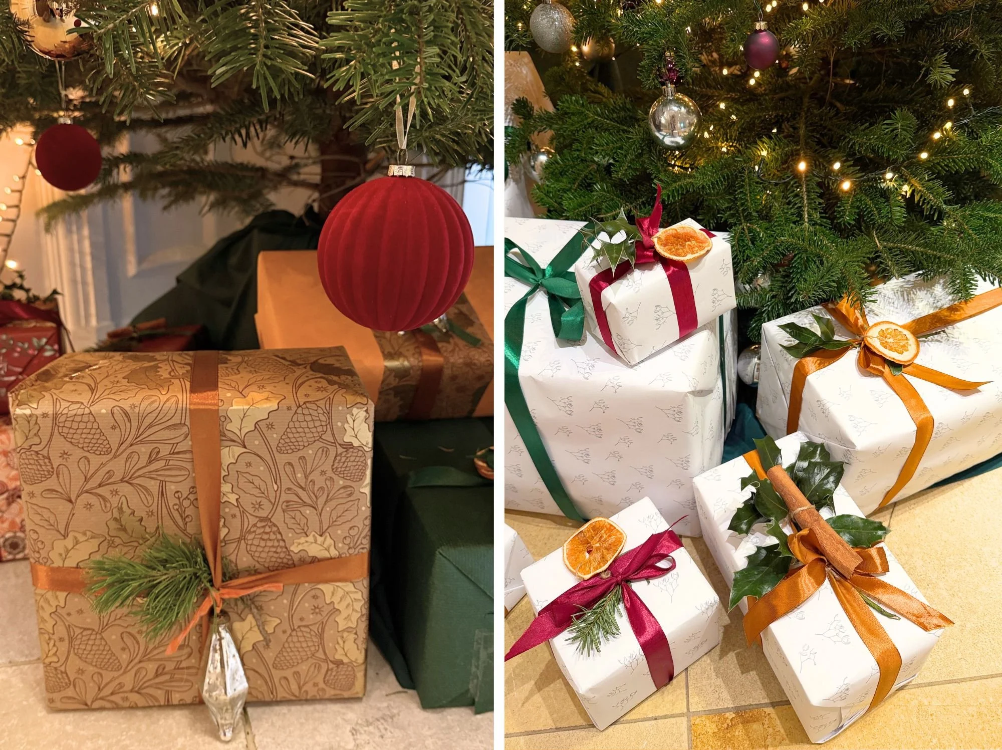 festive styling-presents -the image on the left shows a present wrapped in gold printed paper, ribbon and a bauble while in the image on the right there are several presents wrapped in white paper with gold red and green ribbon and dried oranges