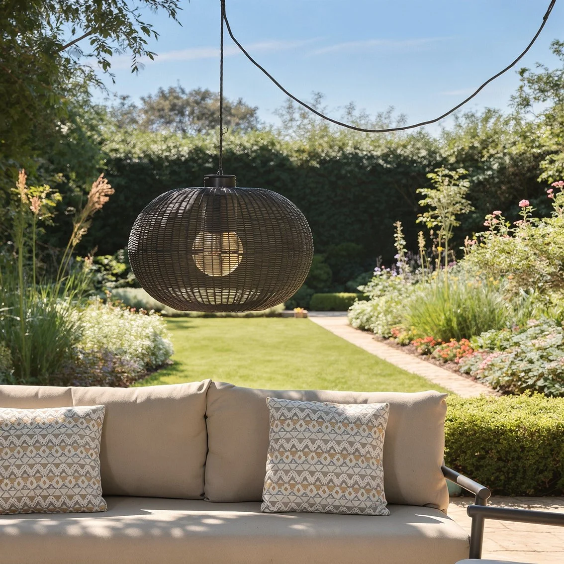 A large dark brown rattan pendant light hanging outdoors over seating with a view to a garden behind