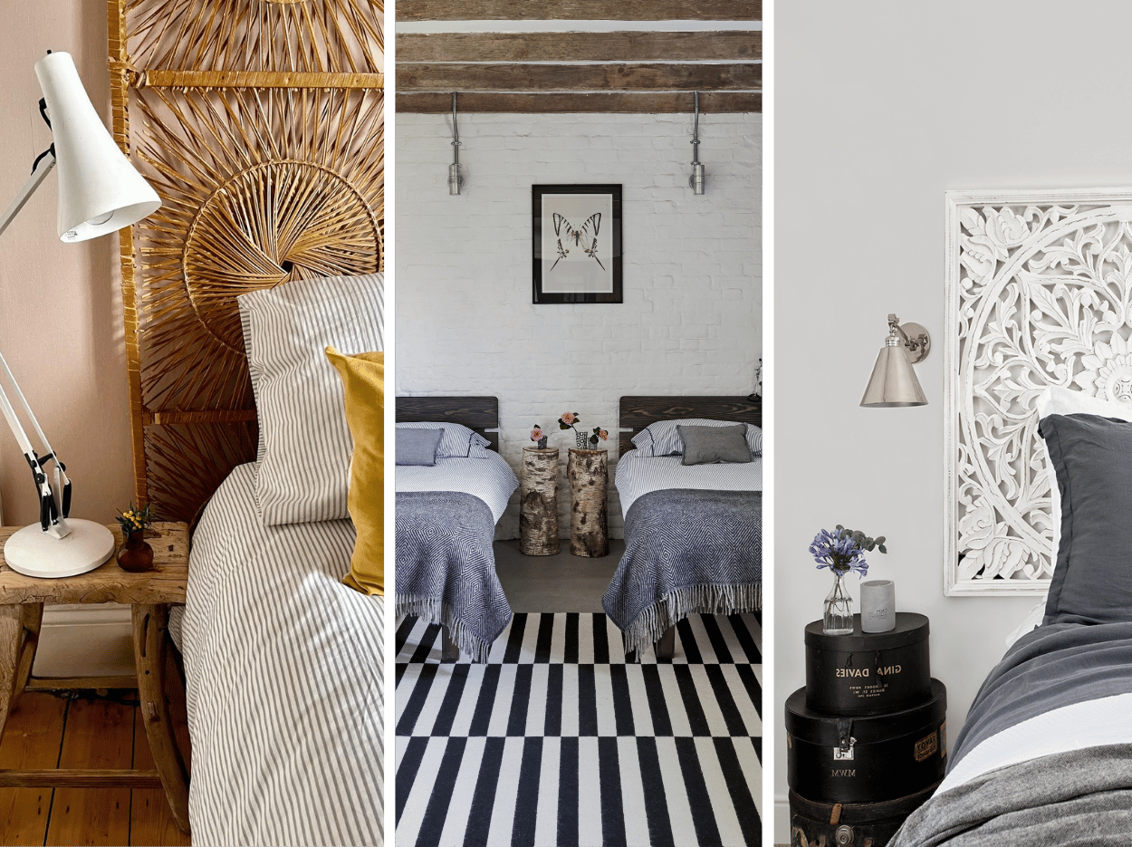 Three images of alternative bedside tables with hatboxes on the right, two tree trunk tables in the middle and a milking stool on the left