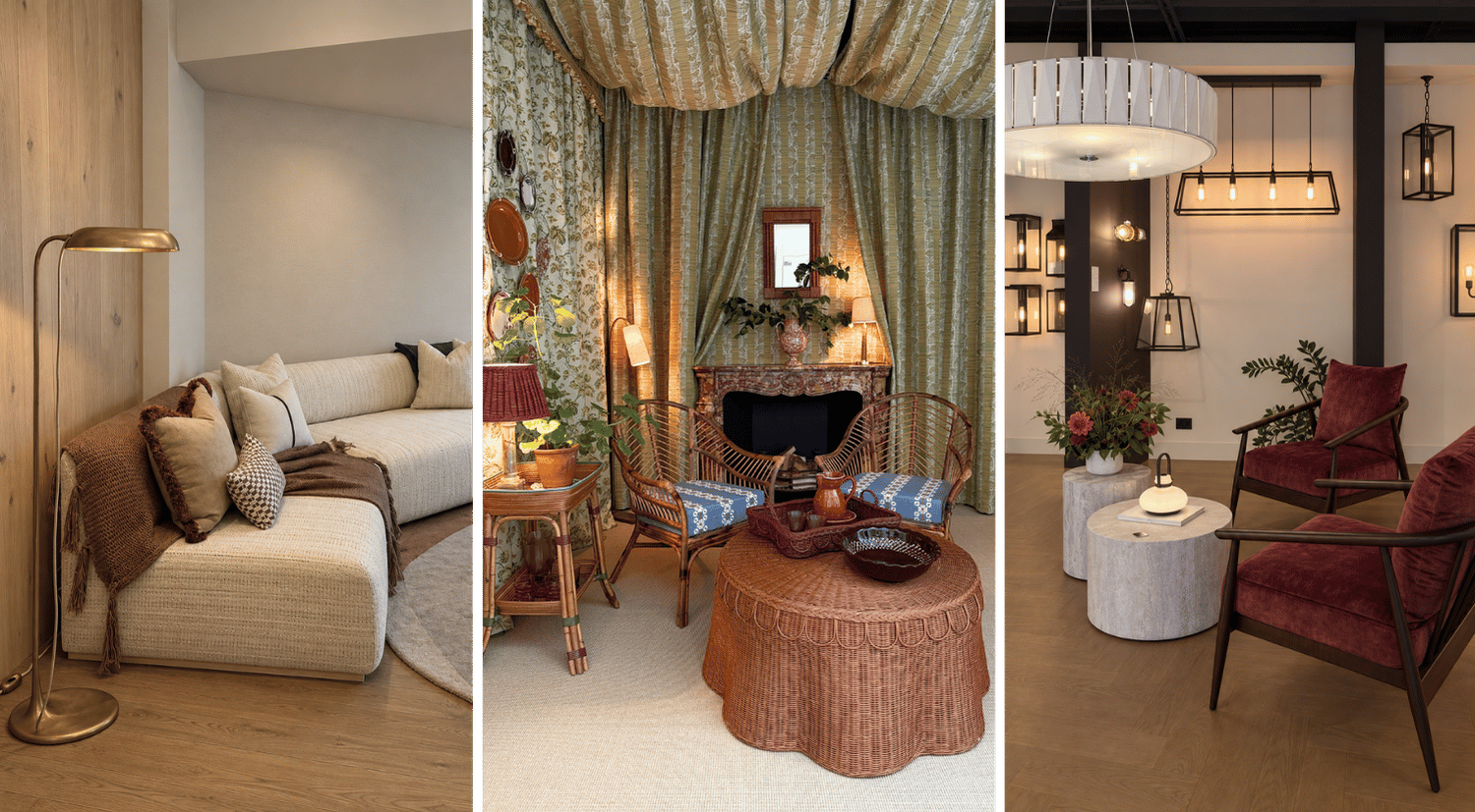 FOCUS/26 showroom highlights featuring curved furniture, layered pattern, rich colour and contemporary lighting.