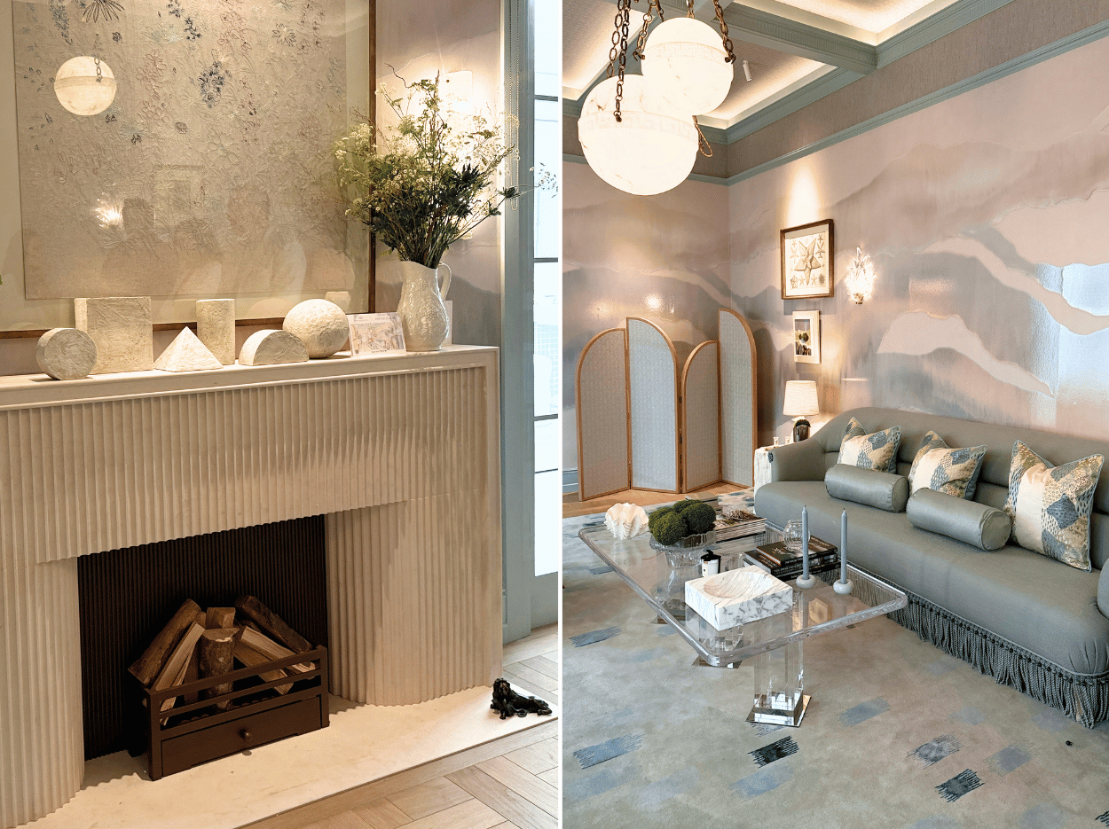 Morning room by Sara Cosgrove with blue-toned interiors, bespoke seating and Phillip Jeffries' Aura mural.