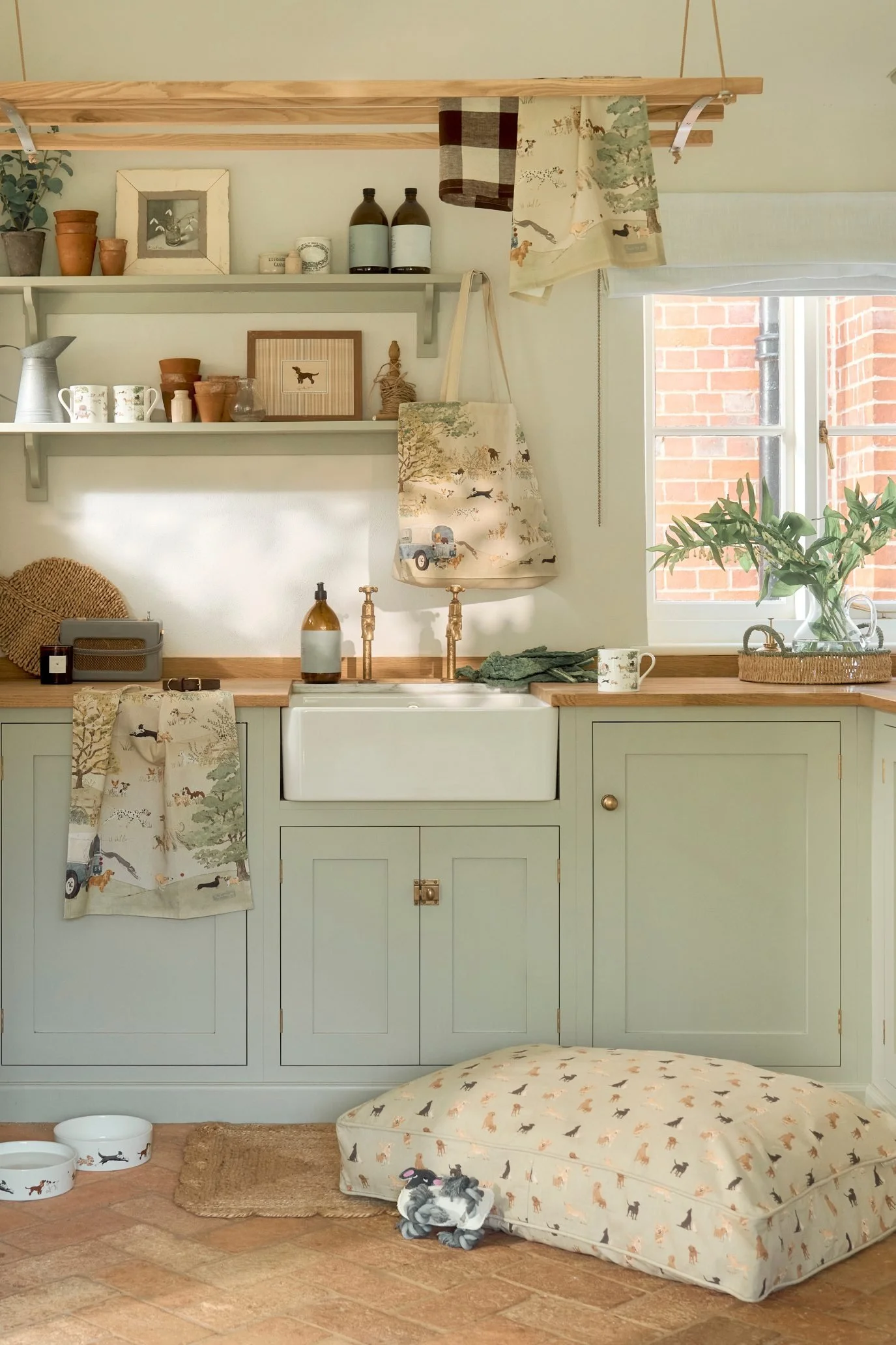 Rectangular printed dog bed in a kitchen