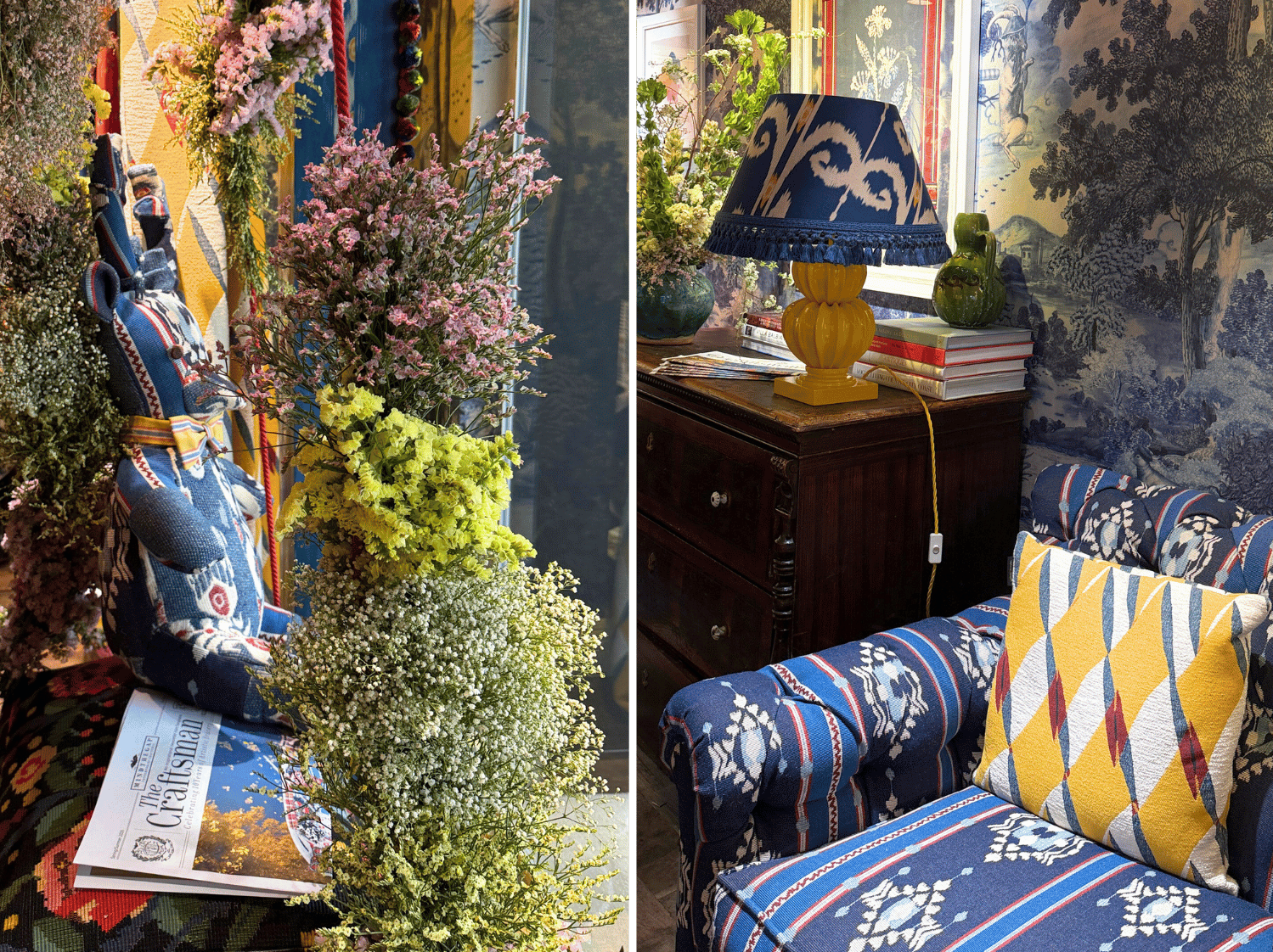 The London showroom of Mindthegap on the right flowers and a bear in their fabric and on the right a chair with blue fabric a yellow lamp and blue lampshade