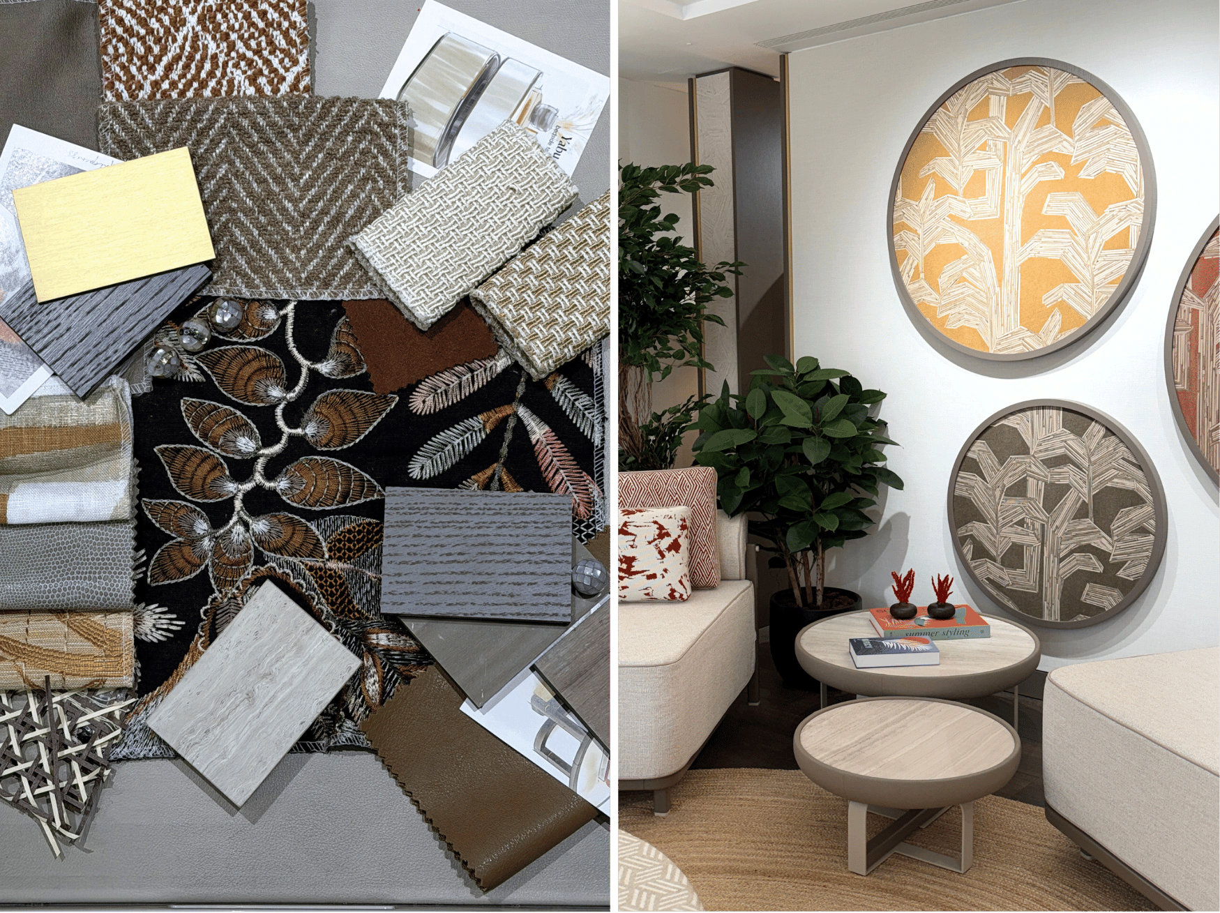 on the left is a moodpboard on the right is a showroom with three circular frames with fabric in on the wall, two side tables and the edge of a sofa