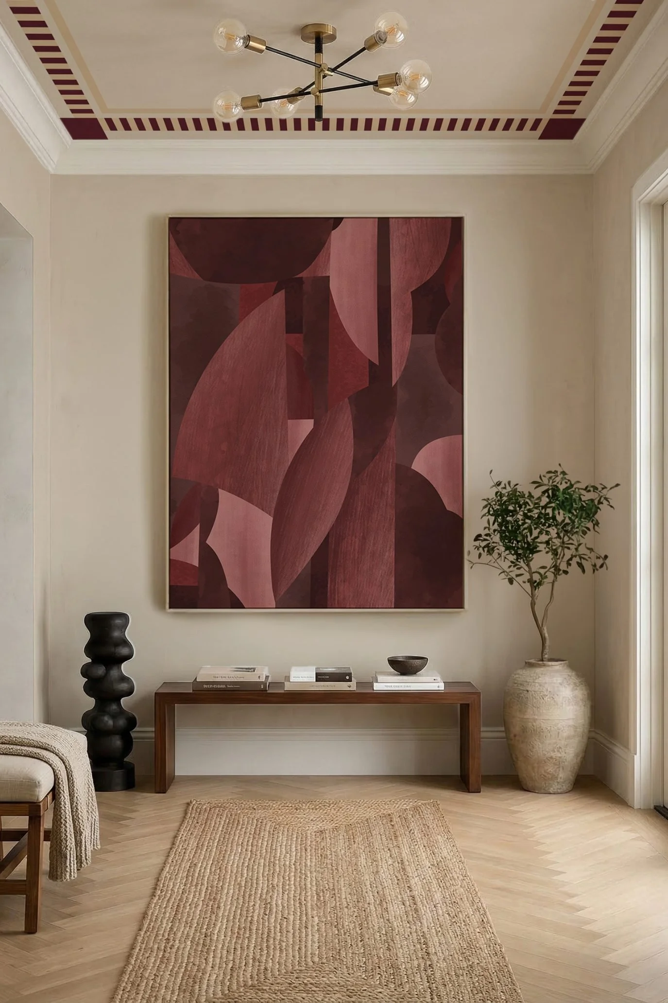 Oversized deep red contemporary artwork by Photowall in a neutral organic modern room with layered textures.