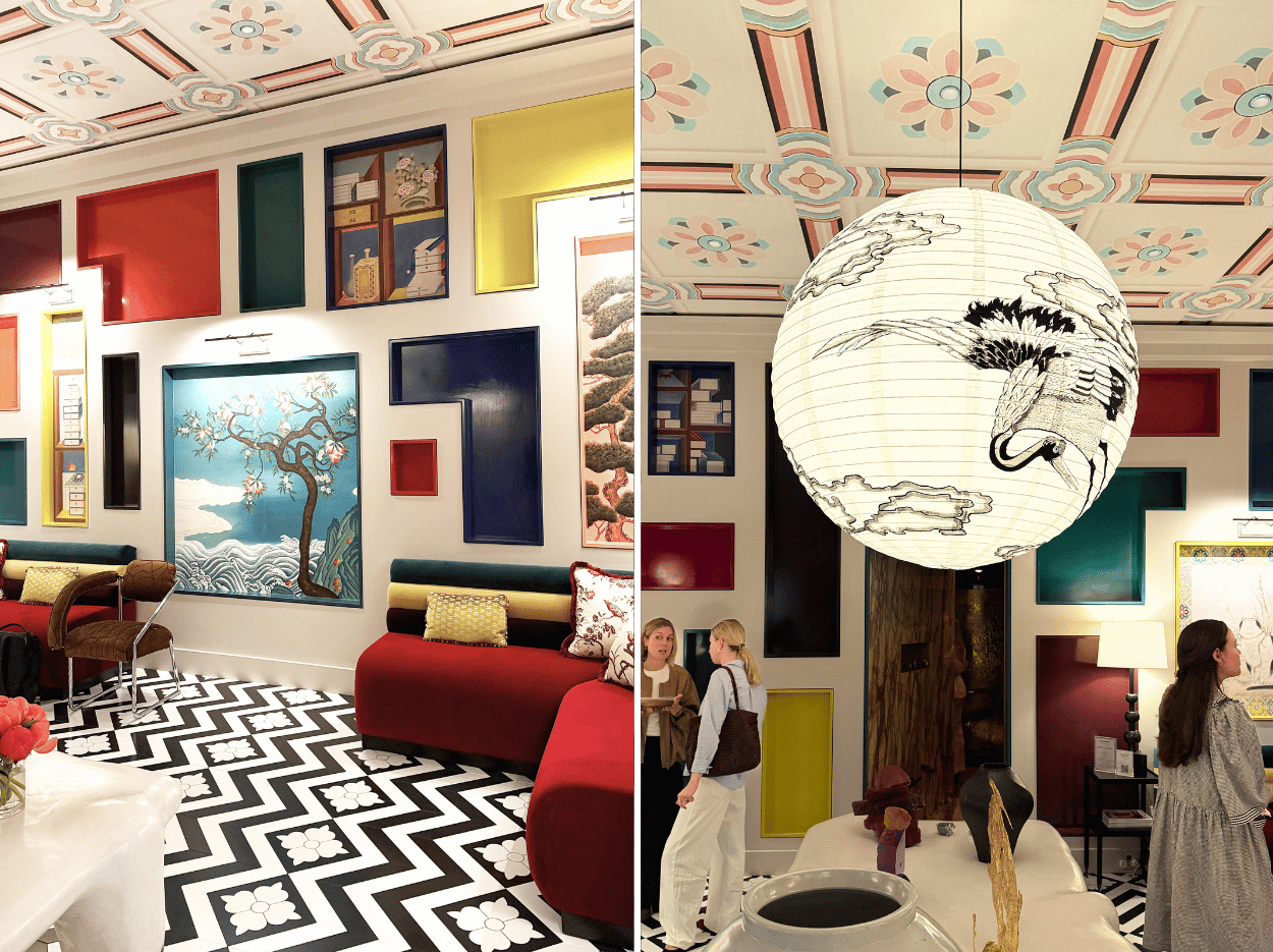 Colourful Minhwa Salon by Young Huh featuring lacquered walls, Korean folk art influences and vibrant built-in displays.