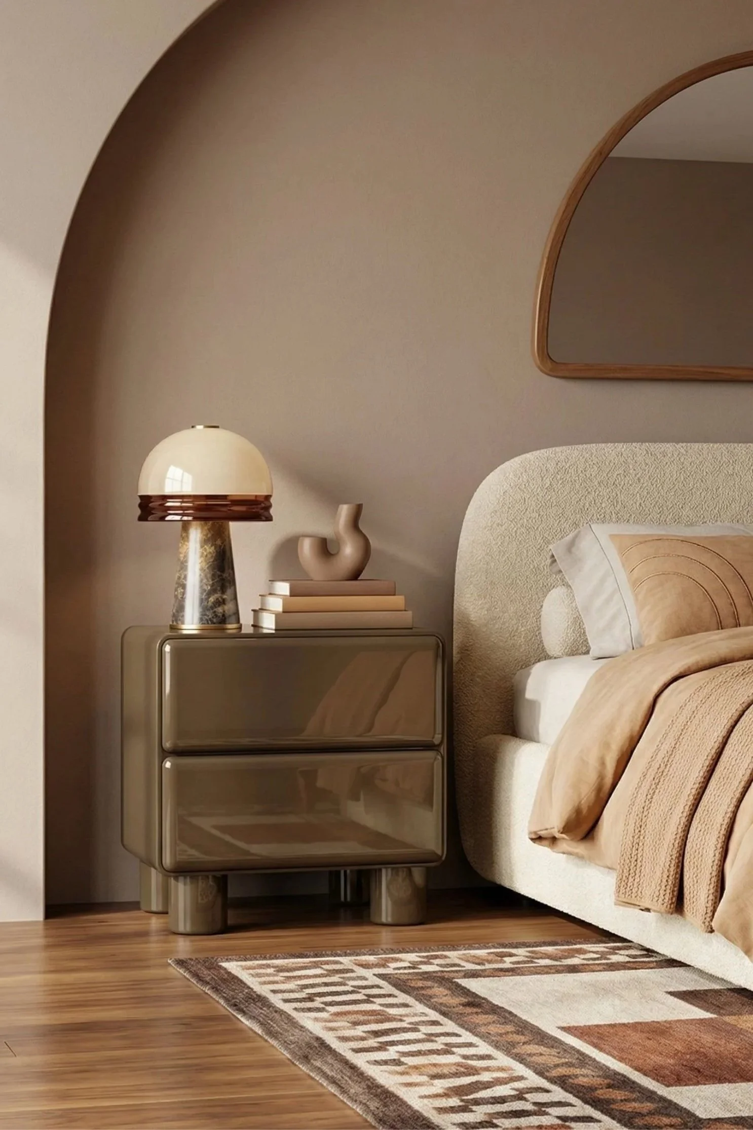 Glossy clay green nightstand with retro curved design in a contemporary bedroom